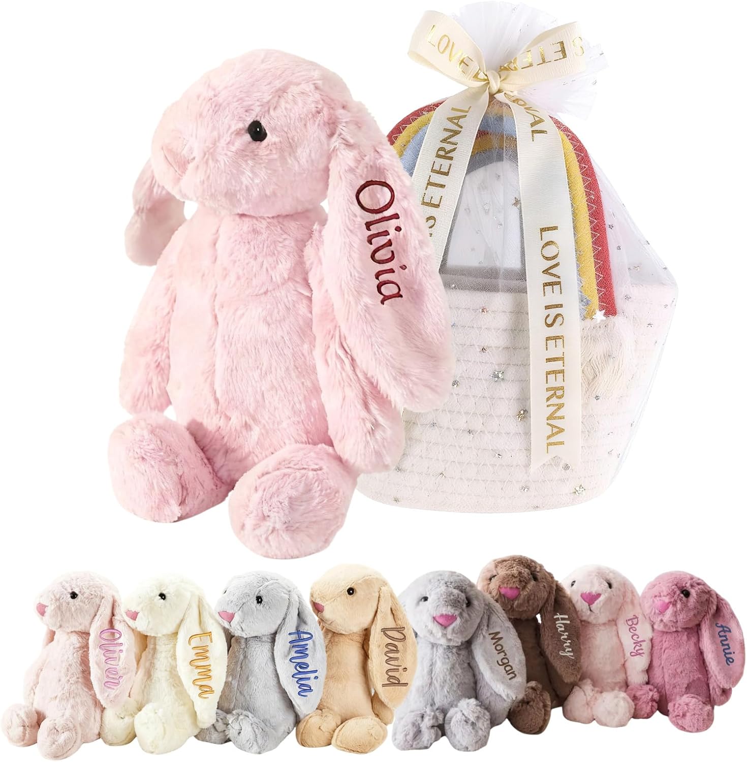 Custom Bunny Stuffed Animal, Embroidered Bunny Plush, Rabbit Plushie with Name, Cute Toys for Kids Babies Girls Boys, Emotional Support Gift, Meaningful Gift Basket Idea