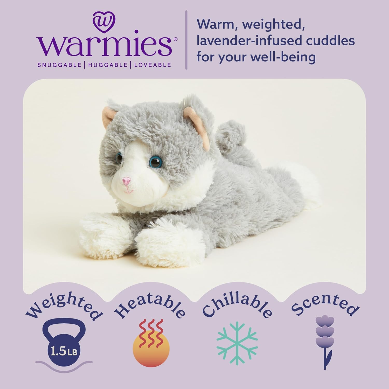 warmies Microwavable & Weighted Stuffed Animals, Laying Down Gray Cat - Heated Stuffed Animal Plushie for Warmth & Comfort - Cute Soft Plush Toys for Boys, Girls, Babies & Toddlers - Image 2