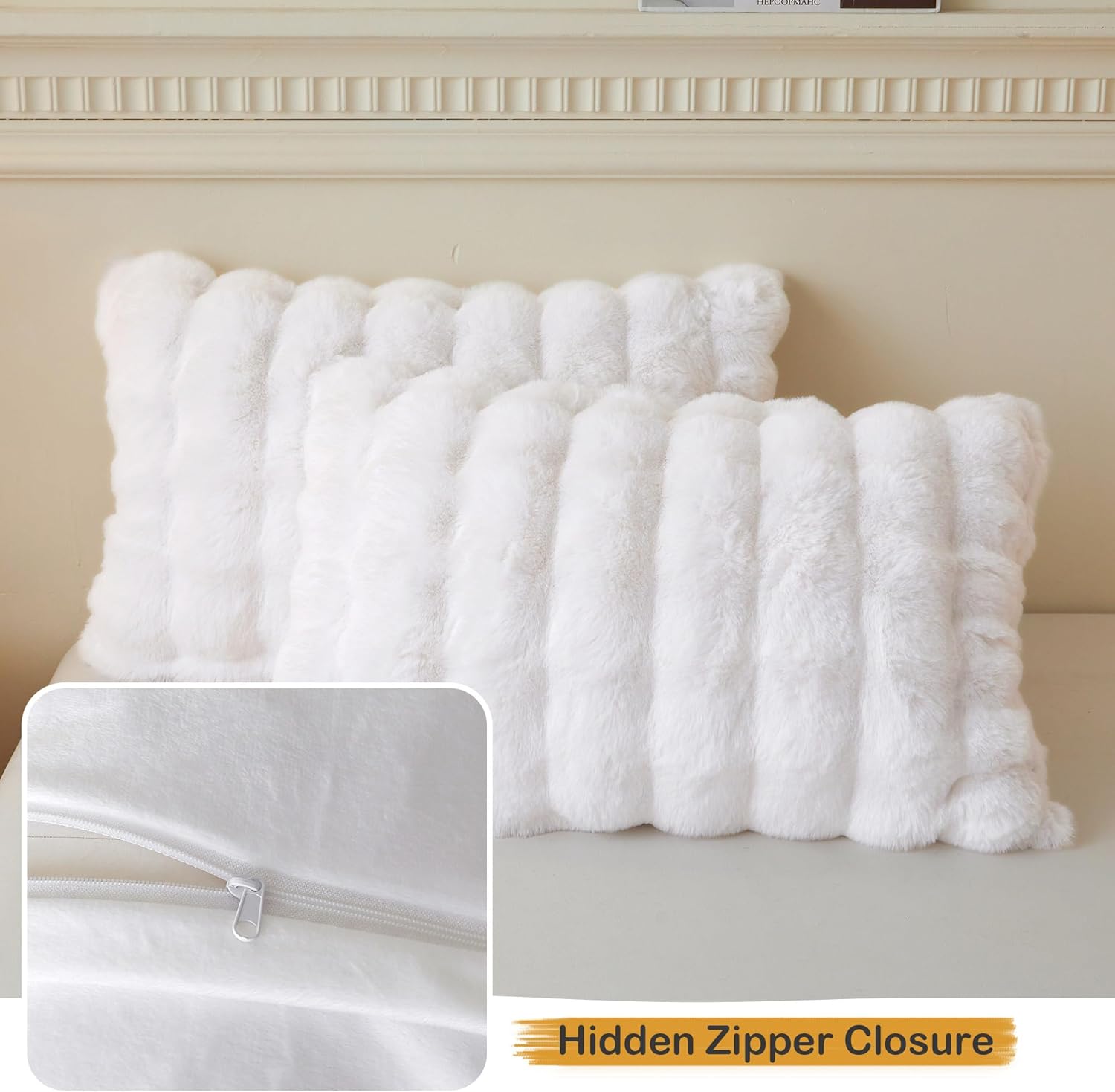 LIFEREVO 2 Pack Fluffy Faux Rabbit Fur Pillow Cases, Luxury Soft Plush Shaggy Bubble Pillowcases Standard Size with Zipper Closure, Furry Fuzzy Long Pillow Shams for Bedroom Living Room 20x26, White - Image 6