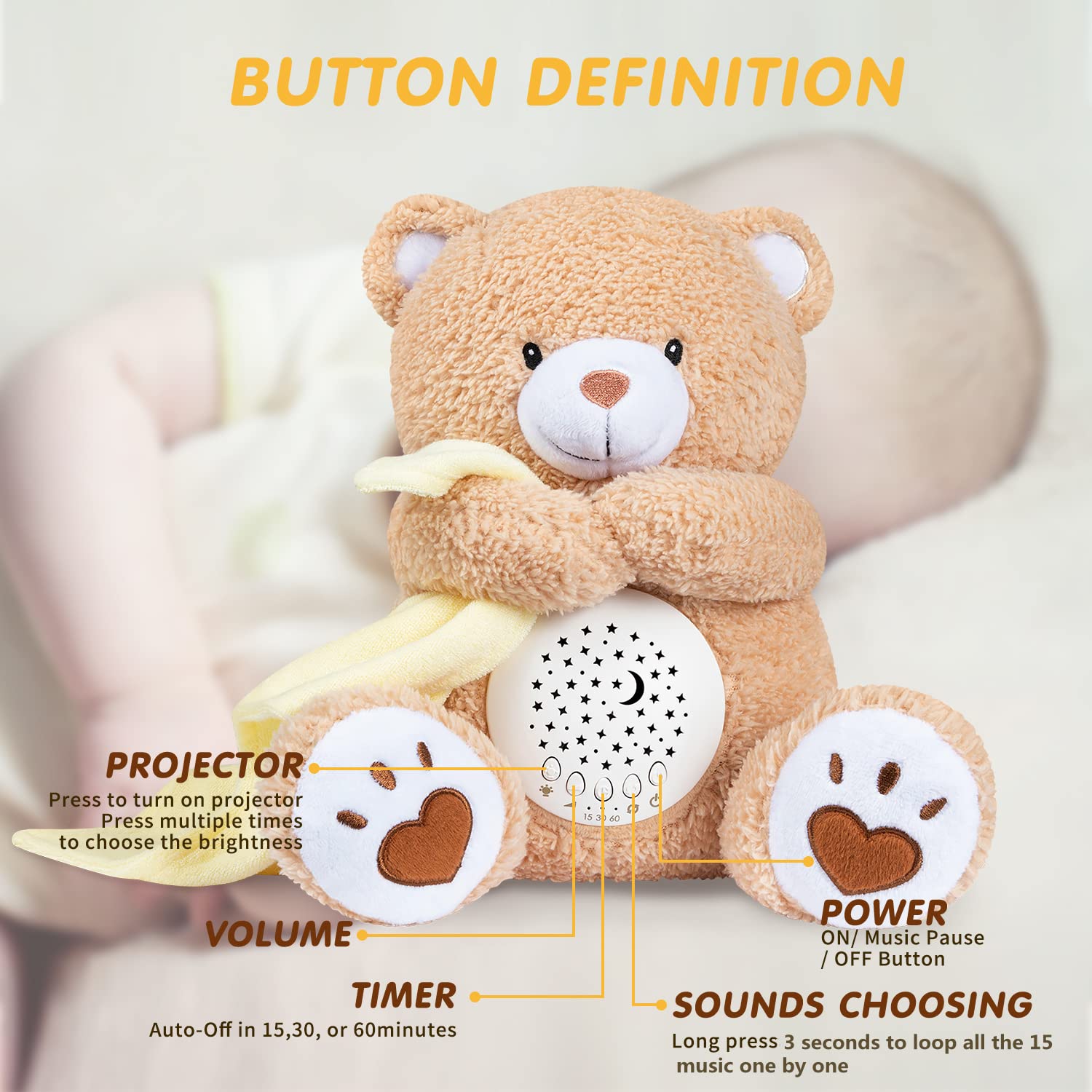 BEREST Baby Sleep Soother Bear, Mom's Heartbeat & Lullabies White Noise Machine, Nursery Decor Night Light Projector, Toddler Crib Sleeping Aid, Newborns Shower Gifts Portable Teddy - Image 9