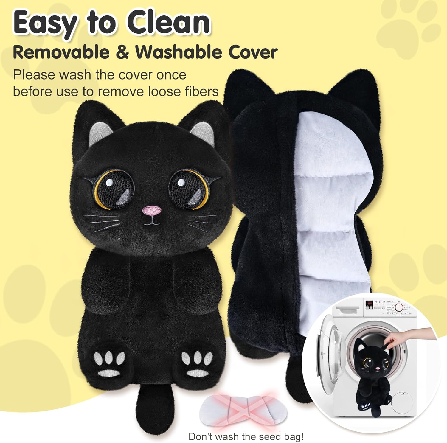 Black Cat Microwavable Heating Pads for Belly, Neck & Shoulders, Heatable Plush with Moist Heat, Removable Plush Cover, Unscented Natural Fill, Adorable Surprise Present, 6.5" x 10.6", 1.5 lb - Image 3