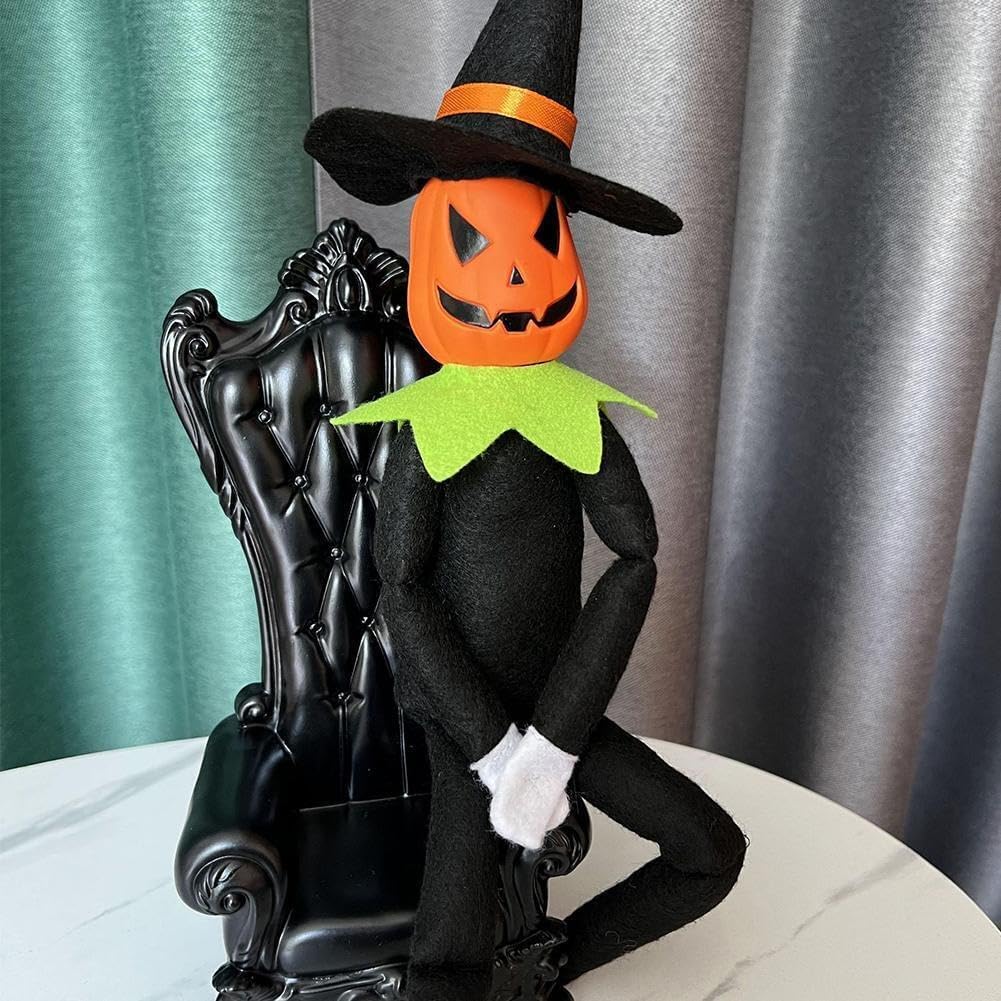 14Inch Halloween Pumpkin Elf Plush Stuffed Doll,Handmade Pumpkin Elf Toy with Black Hat,White Gloves,Dresses,and Cape for Halloween and Autumn Harvest Holiday Tabletop Home Decorations (Green) - Image 4