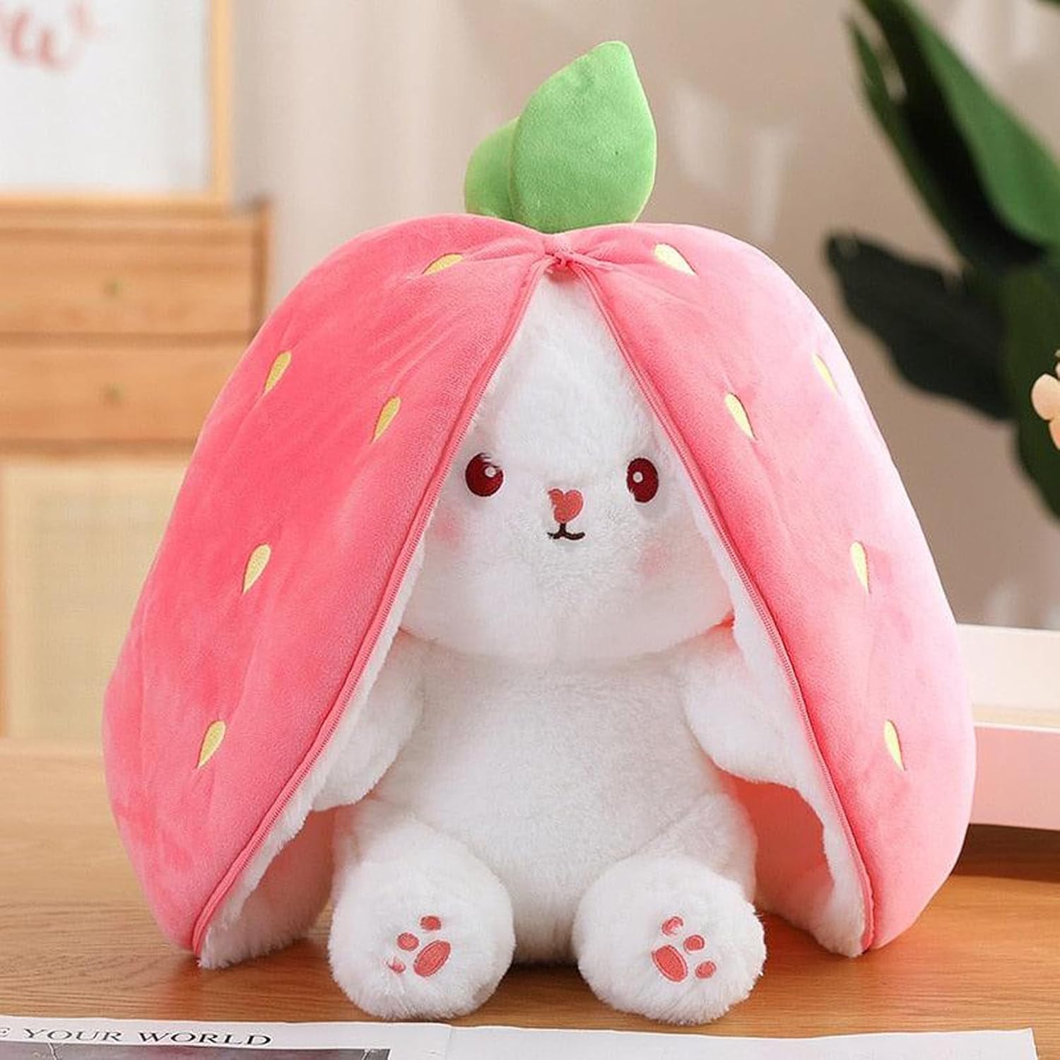 Strawberry Bunny Plush Toy Transformable Rabbit Stuffed Animal Pink 13.7 Inch Soft Plush Gift Girlfriend Girls Kids - Image 9