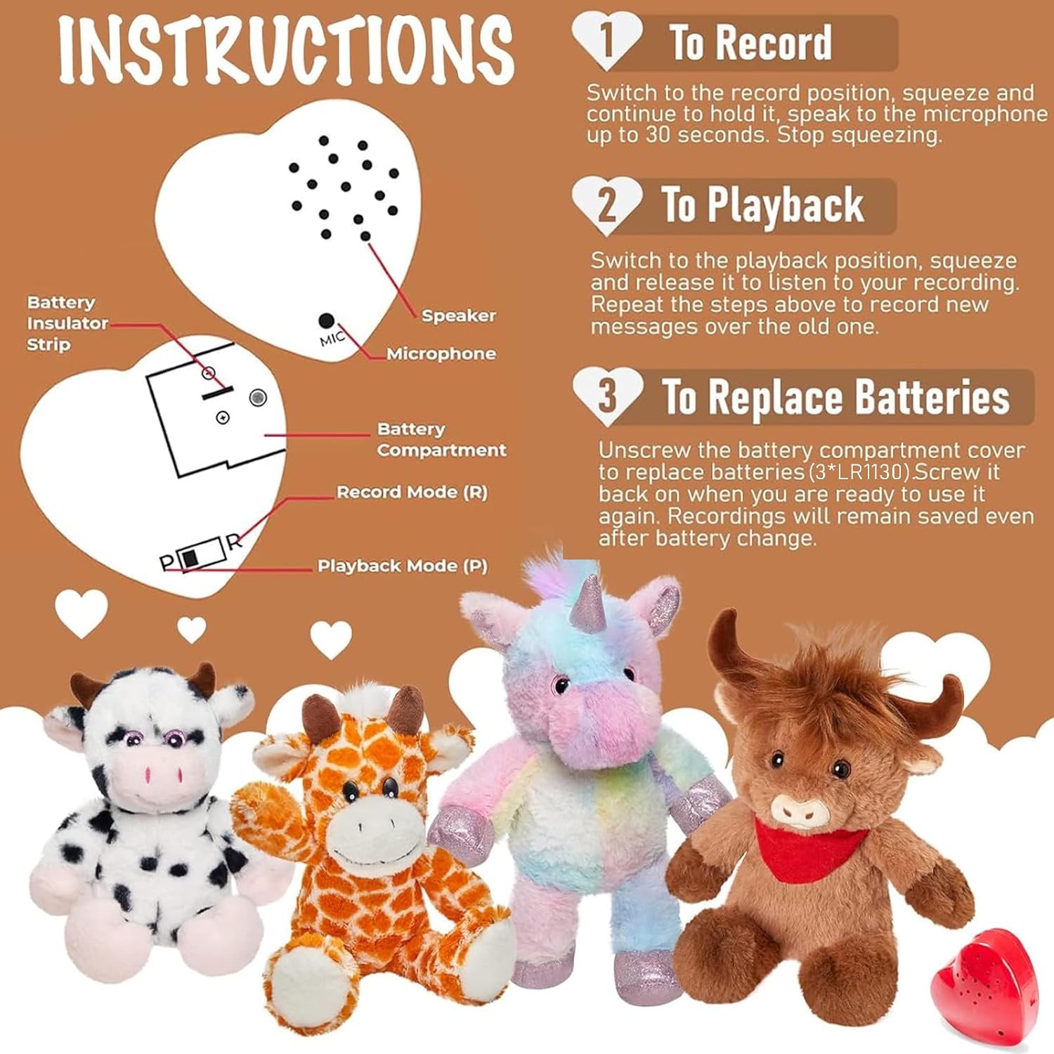 13" Recordable Giraffe Stuffed Animal,Sweet Soft Plush Toy with Voice Recorder,Giraffe with Voice Recording Heartbeat Birthday Gifts for Toddler Kids - Image 5