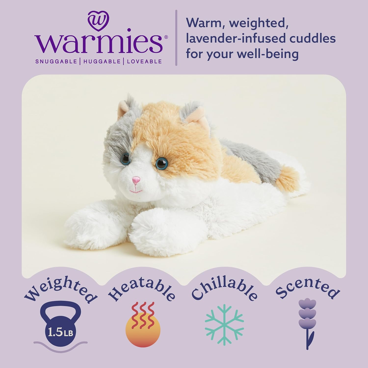 warmies Microwavable & Weighted Stuffed Animals, Calico Cat - Heated Stuffed Animal Plushie for Warmth & Comfort - Cute Soft Plush Toys for Adults & Children (Boys, Girls, Babies & Toddlers) - Image 2