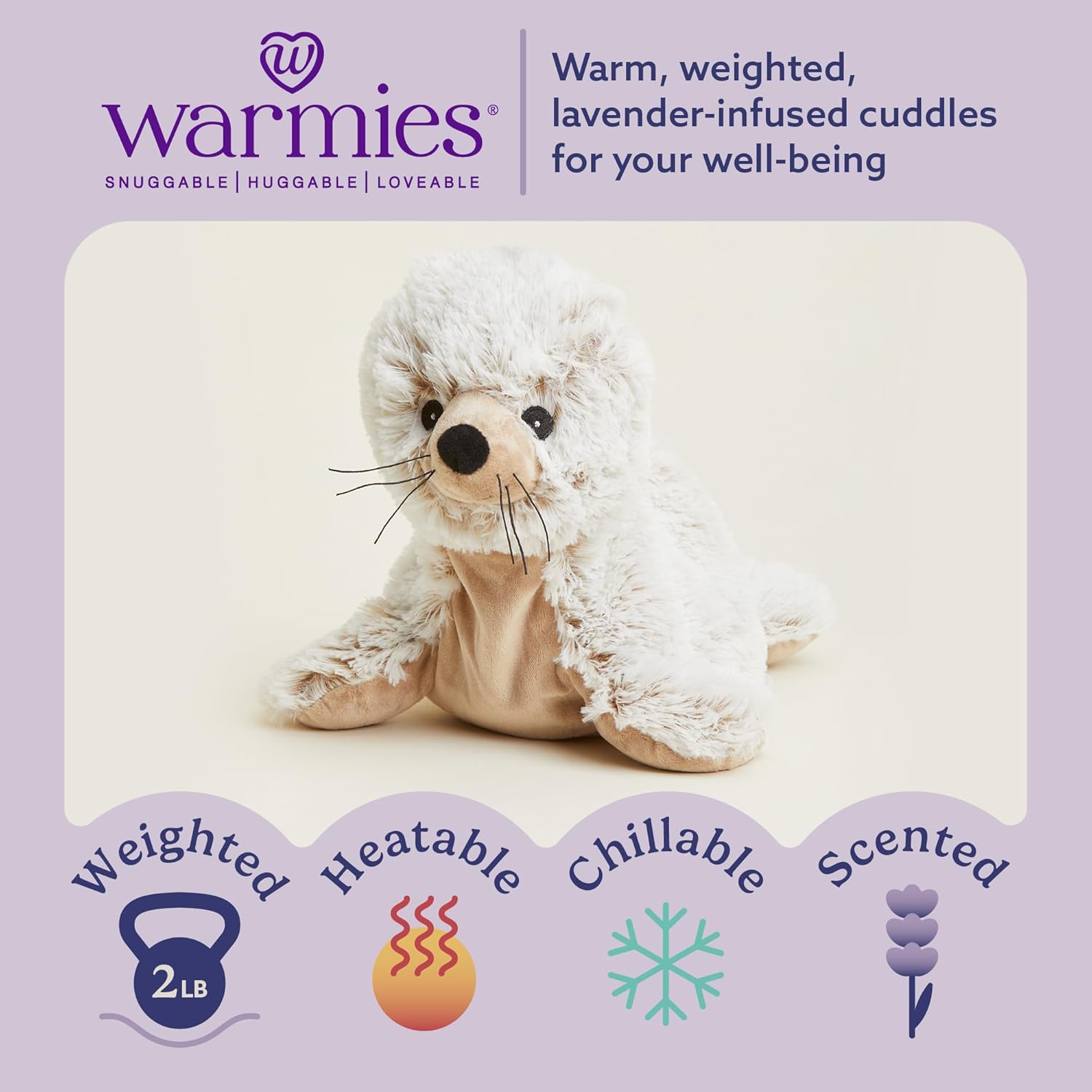 warmies Microwavable & Weighted Stuffed Animal, Seal - Heated Stuffed Animal for Cramp Relief - Weighted Plushies for Stress Relief - Seal Plushie with Lavender Aroma - 13 in, 2 lb, Pack of 1 - Image 2