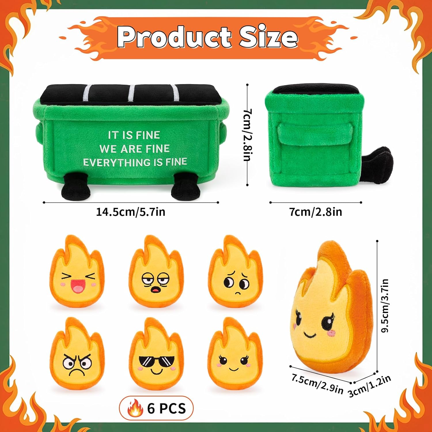 Emotional Dumpster Plush – Funny Dumpster Desk Accessories with 6 Fire Plushies, Cute Stuffed Doll Gift for Women Coworkers Office Decor (Green) - Image 2