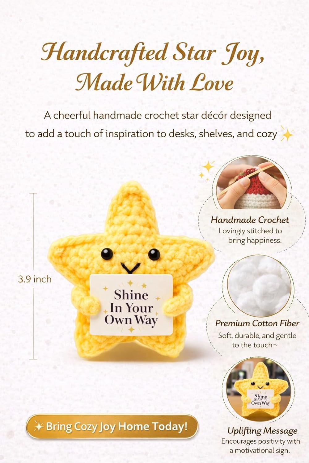 Handmade Crochet Positive Star Plushie, Adorable Yellow Emotional Support Companion with Gift Bag, Super Star Gift, Yellow Crochet Decor Perfect for Cuddles and Companionship,Cute Power-Up Style - Image 6