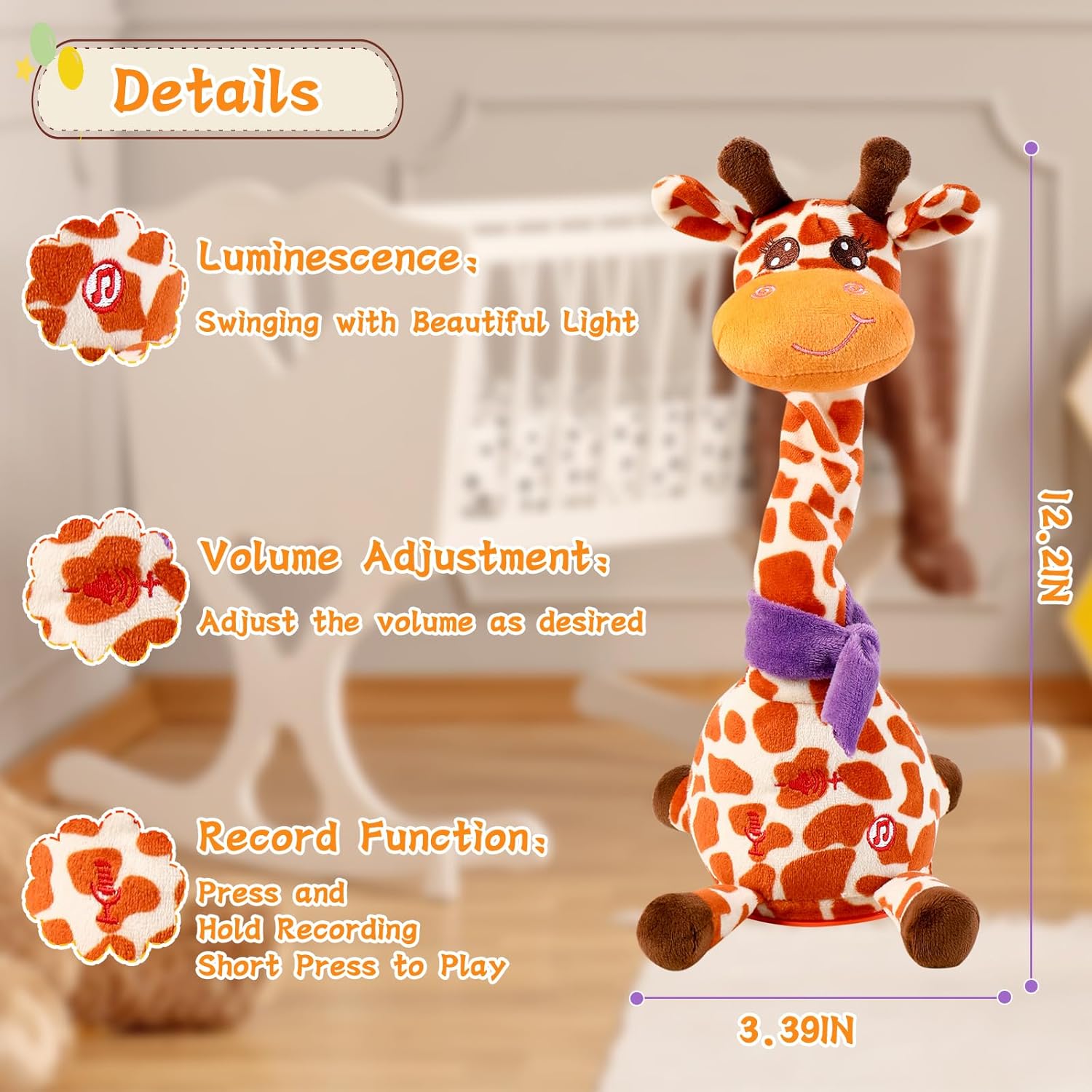 Dancing Talking Giraffe Plush Toy, Interactive Repeating Plush Toy that Mimics Your Words. Glowing Electric Giraffe Gifts with 10 Built-in Kids’ melodies, Ideal for Toddlers Aged 1-3. - Image 3