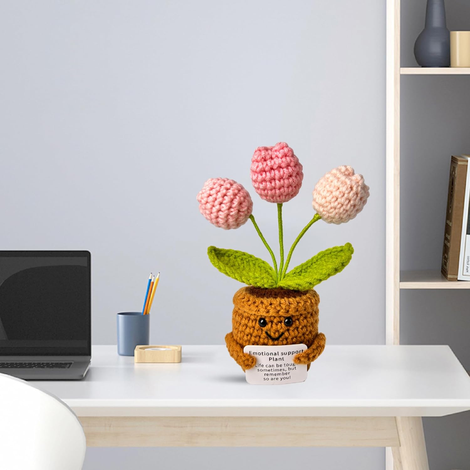 Emotional Support Crochet Flower in Pot,Uplifting Handmade Knitted Plush Plant with Positive Affirmation Card,Cheerful Gift for Office Desk Decor,Home,Car(Pink Tulip) - Image 3