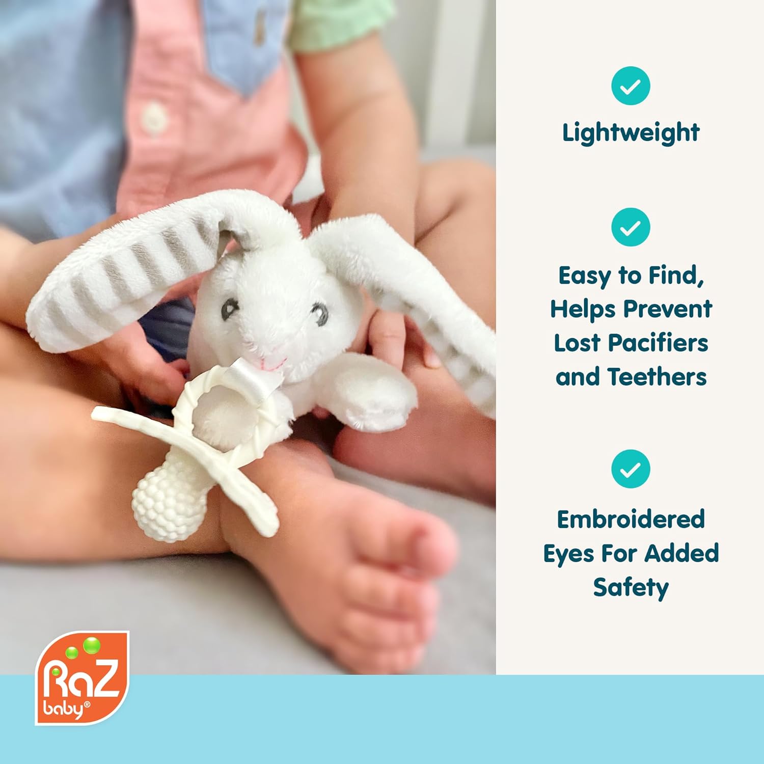 RaZbaby Sloth RaZbuddy w/RaZberry Teething Relief Pacifier – Soothes Sore Gums w/Nature-Inspired Texture, 100% BPA-Free Silicone Teether, Detachable Stuffed Animal – 3 Months+ Teether, Tan - Image 2