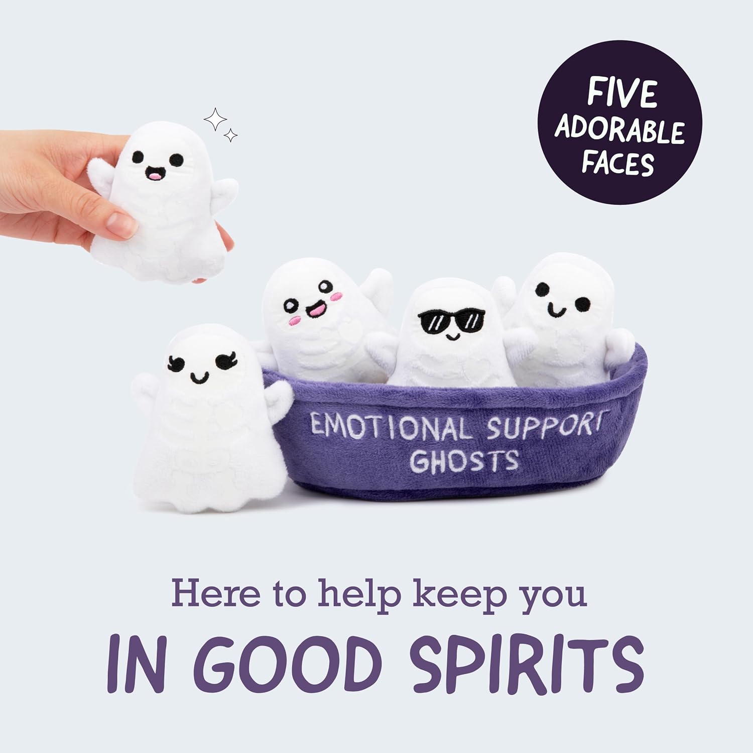 Emotional Support Ghosts by Relatable, Cuddly Plush Collectibles and Cute Stuffed Animals, Spooky Halloween Ghost Plushies and Fun Trick or Treat Toys, Includes 5 Plushies with Carrying Basket - Image 3