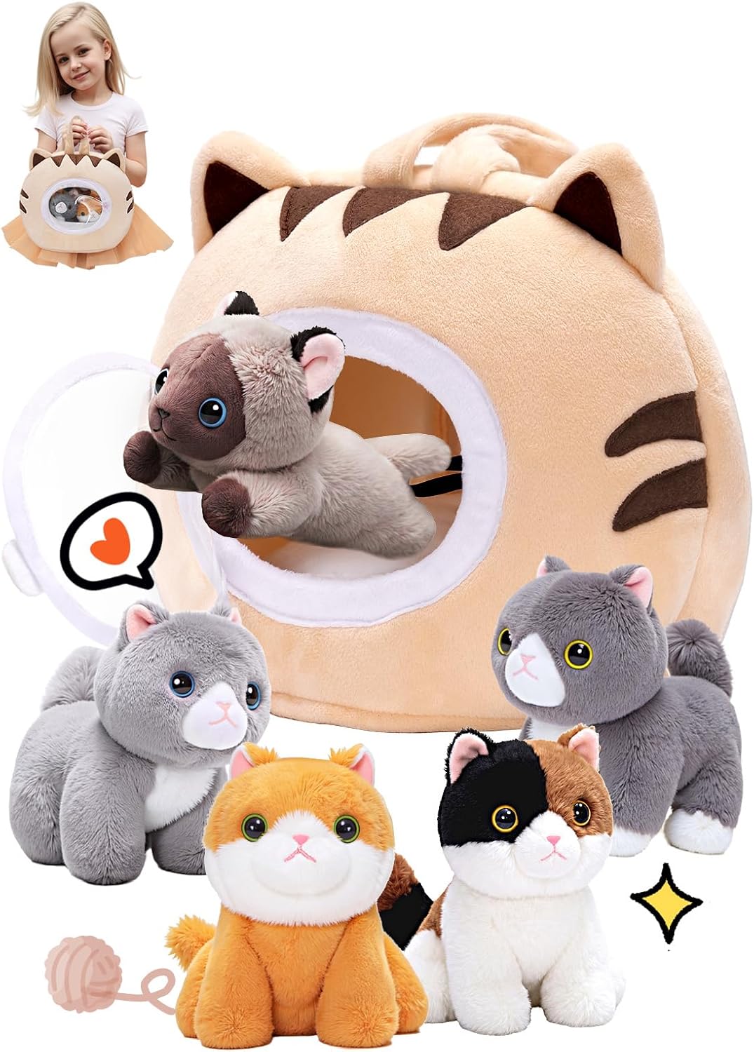 OUOZZZ Cat Stuffed Animal House – Plush Kitten Toy Set with 5 Soft Cats – Interactive & Travel-Friendly Kitties Carrier Playset for Toddlers & Kids – Huggable, Portable Birthday Gift for Baby Girls
