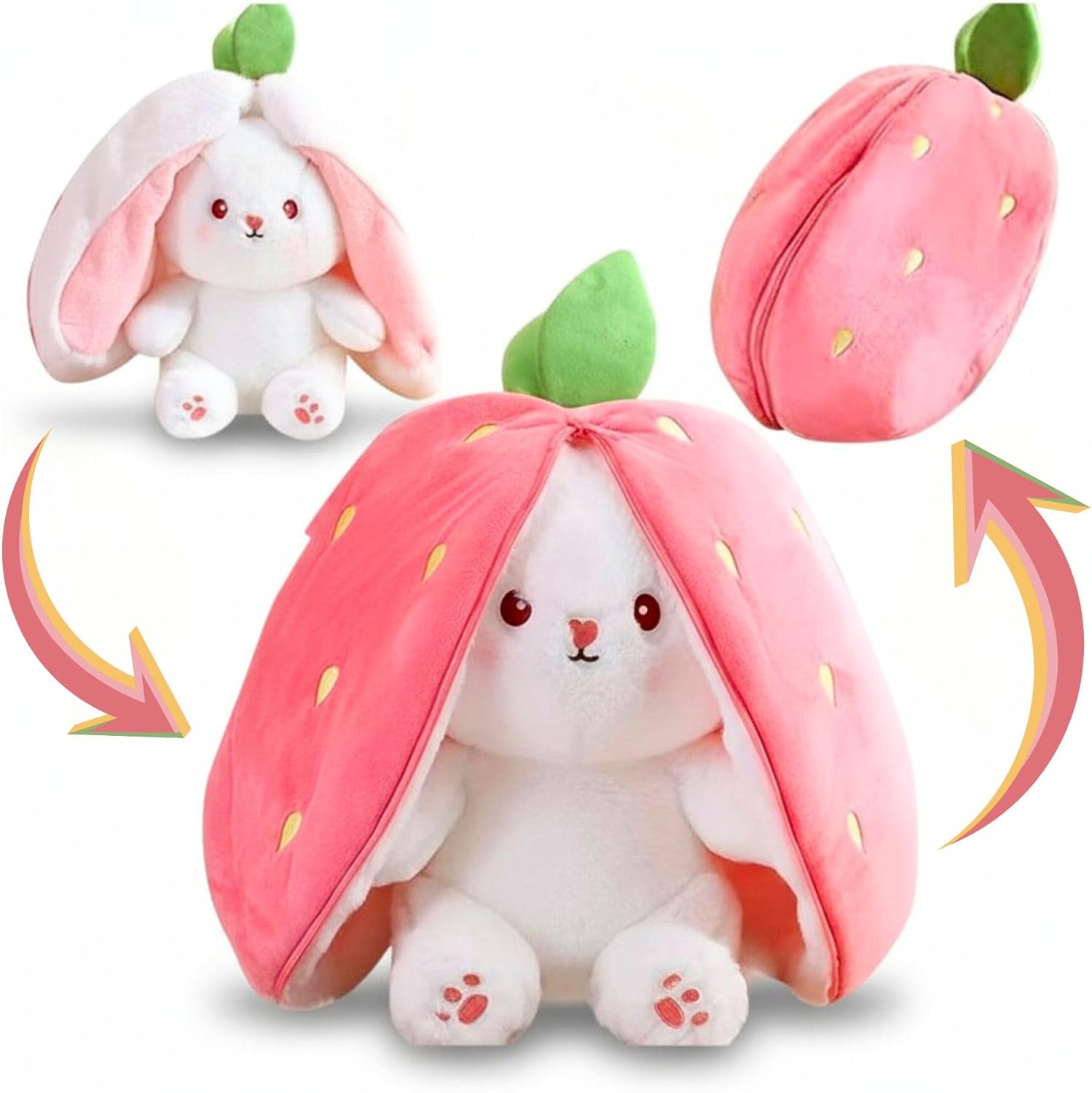Strawberry Bunny Plush Toy Transformable Rabbit Stuffed Animal Pink 13.7 Inch Soft Plush Gift Girlfriend Girls Kids