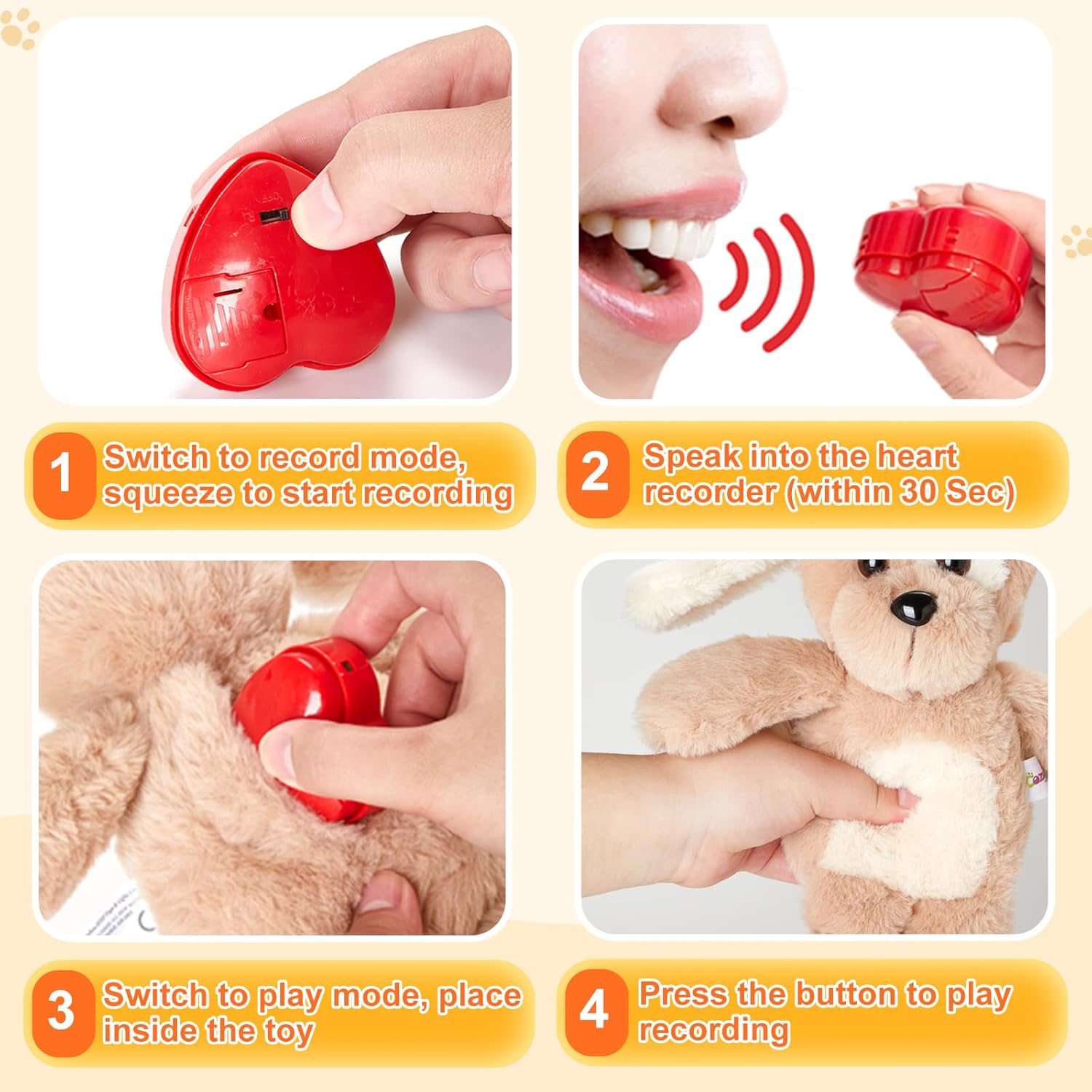 Heartbeat Puppy Recordable Dog Stuffed Animals 30 sec Heart Voice Recorder Plush Toy Stuffed Animal Soft Fuzzy Doll Gifts Messages Playback for Kids Birthday Children's Day - Image 2