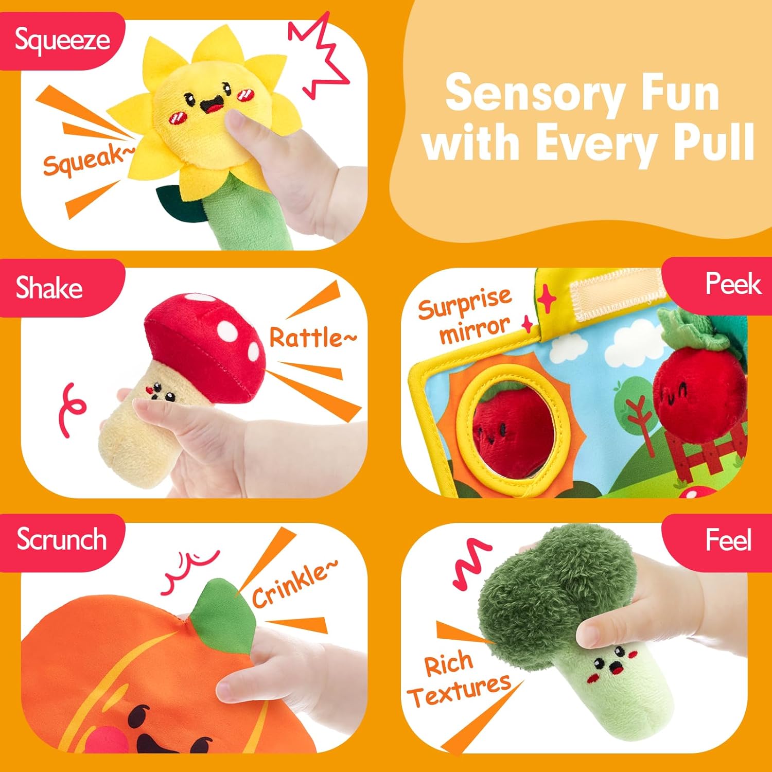 hahaland Baby Toys 6-12 Months - Fruits Vegetables Garden Plant Plush - 6 Month Old Toys Montessori Sensory Toy Carrot Flower with Rattles Mirror Squeaker Textures Crinkle Tissues, Baby Gifts 9 Month - Image 4