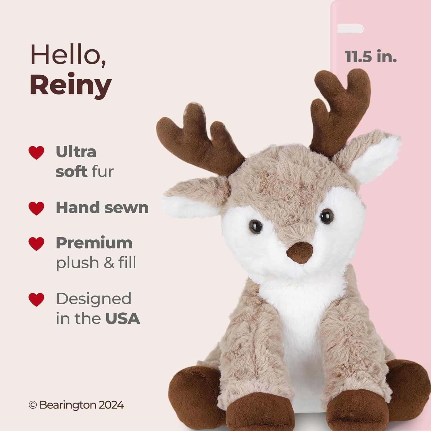 Bearington Reiny Christmas Reindeer Stuffed Animal - 11.5" Soft Christmas Reindeer Plush Toy with Scruffy Fur and Huggable Body - Adorable Deer Plushies for Kids, Toddlers, and Teens - Image 2