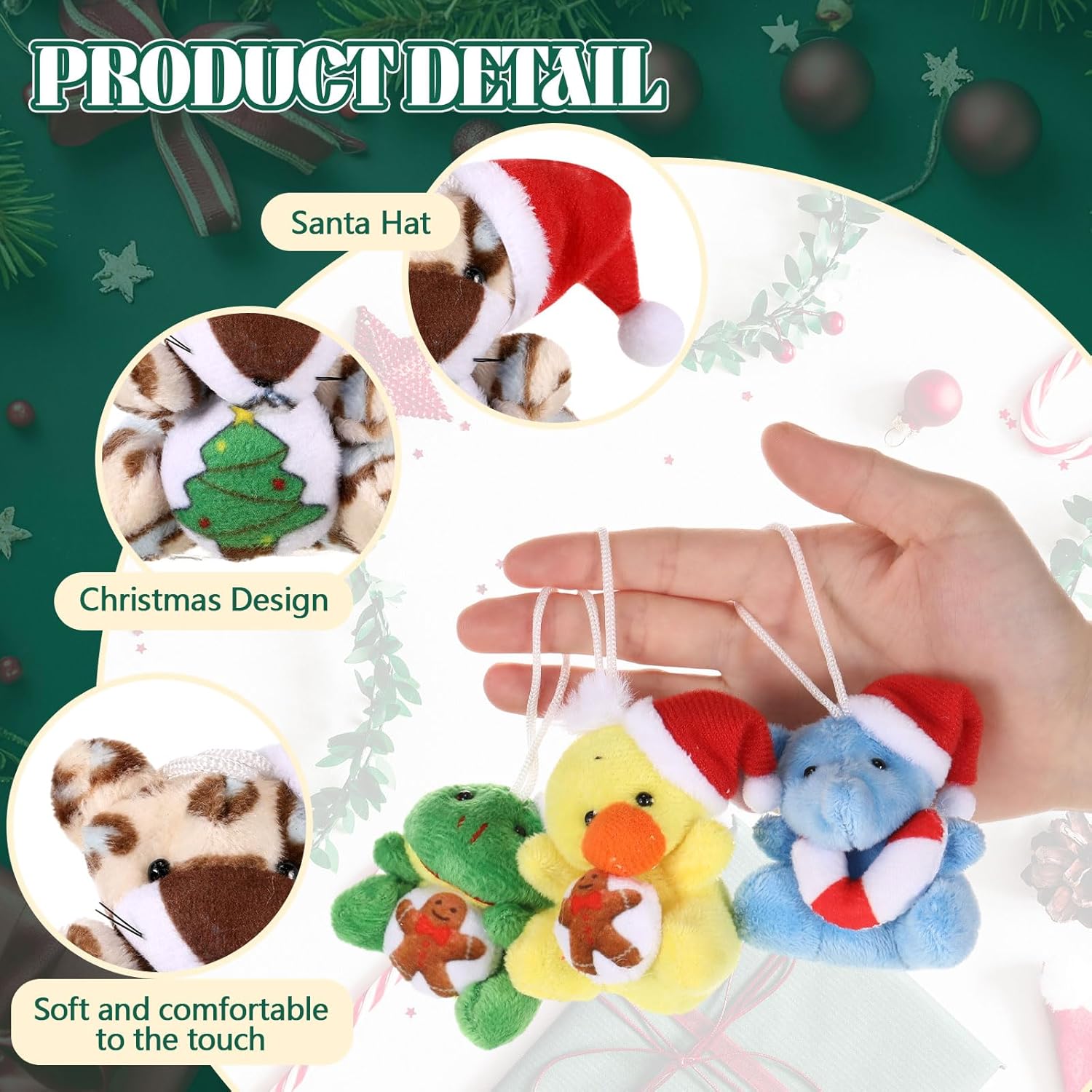 Blueweenly 24 Pcs Mini Christmas Stuffed Animal Plush Keychain Decorations Xmas Small Plush Animal Toys with Santa Hat Christmas Tree Plush Ornaments for Award Party Favors Gifts Decor - Image 6