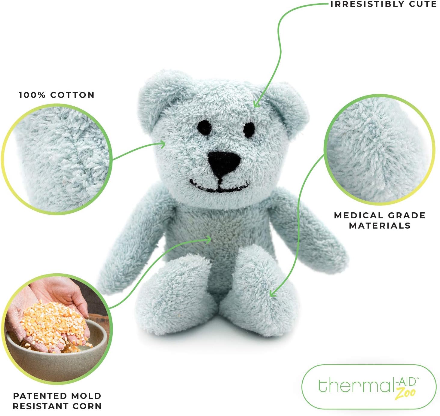 Thermal-Aid Zoo Mini — (Buckley the Blue Bear) — Mold-Resistant, Washable Hot & Cold Pack for Kids — Heating and Cooling Pad with Natural Corn Filling — Reusable Plush Toy - Image 2