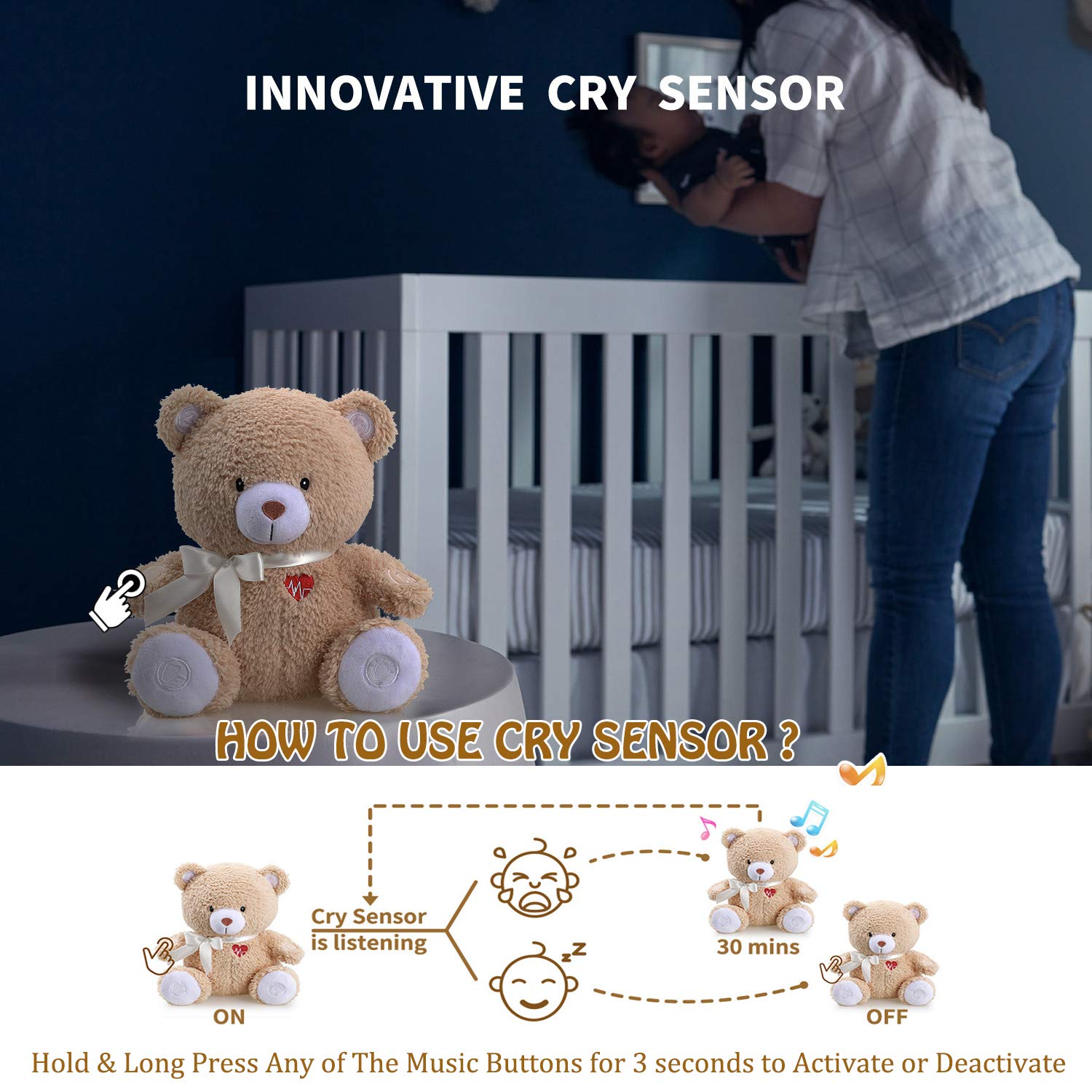 BEREST Baby Cry Activated Sleeping Aid Soother, White Noise Machine Infant Stuffed Animal Baby Gifts Bear Toy with Nursery Decor Night Light, Womb Heartbeat, 9 Soothing Sounds for Toddler Crib - Image 3