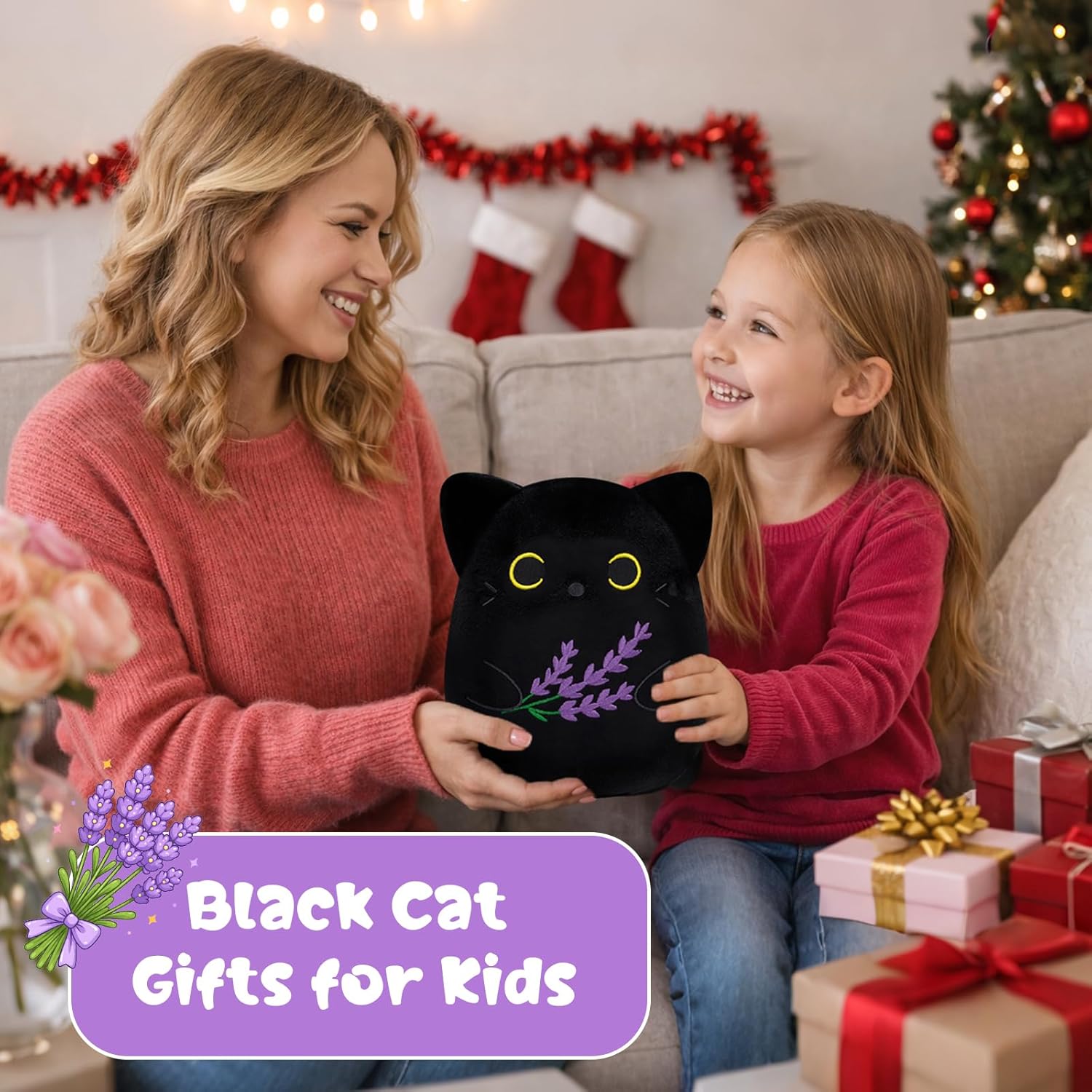 Lavender Black Cat Stuffed Animal,8inch Black Cat Plush Cute Stuffed Animals for Girls Boys,Kawaii & Soft Kitten Plushie Toy for Kids,Cats Lovers Birthday - Image 3