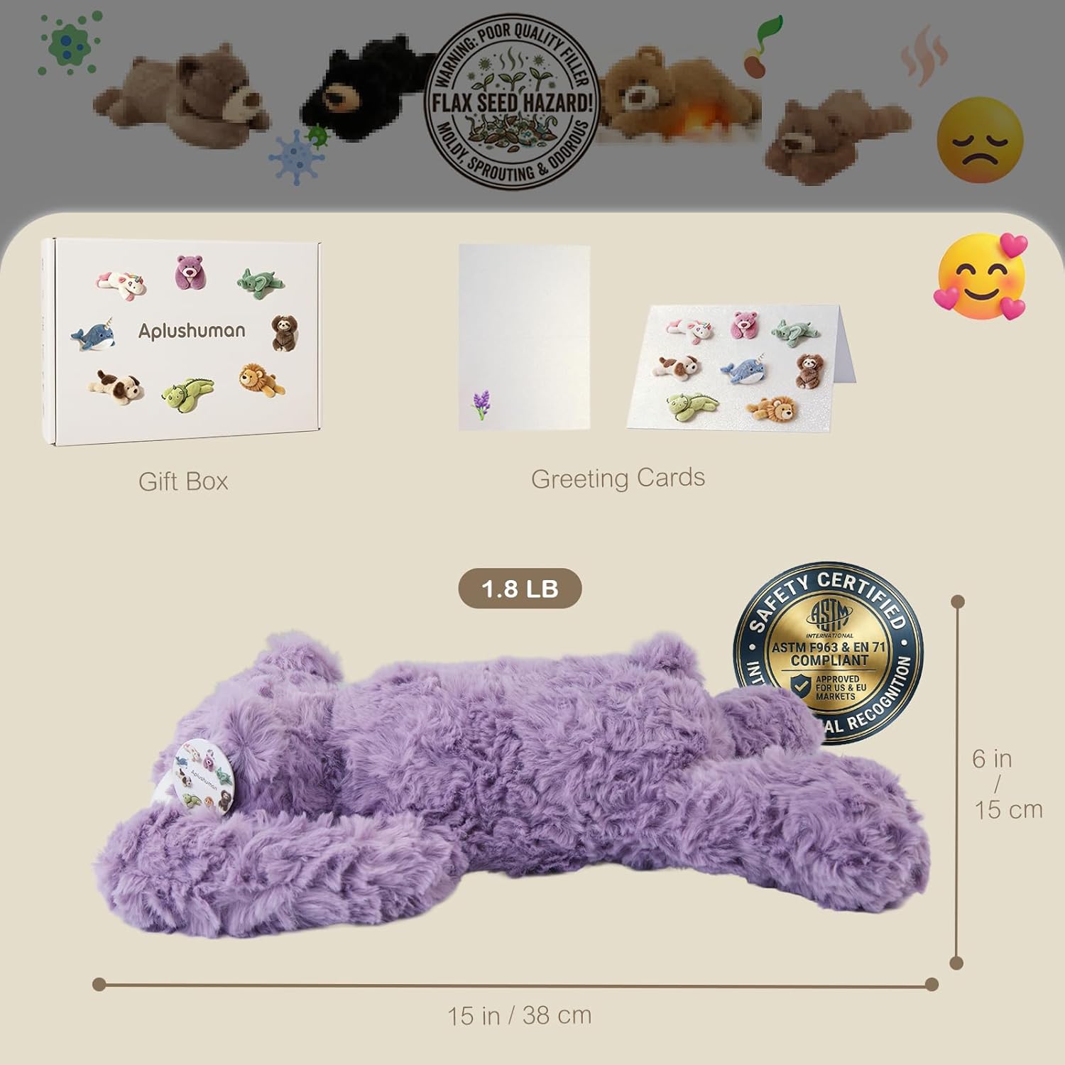 1.8 lb Purple Bear Weighted Stuffed Animal | Microwavable Heatable & Coolable Heating Pad with Tourmaline Beads & Lavender | Long Lasting Cozy Warmth Plush Toy | Includes Gift Box & Greeting Card - Image 6