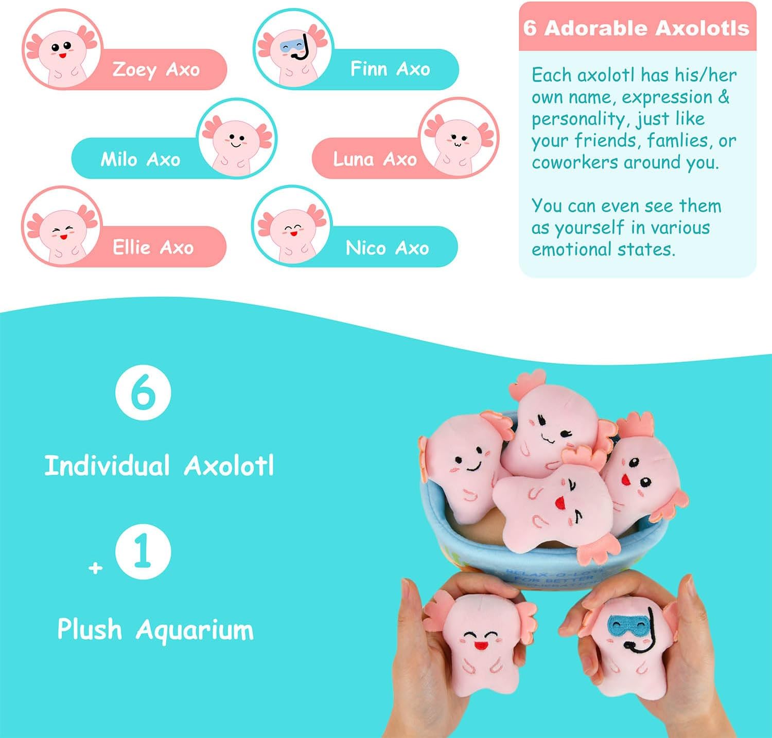 Kingwee Positive Emotional Support Axolotl Plush Toy, 6 Cute Stuffed Axolotls in 1 Plush Aquarium, Funny Stuffed Animal Gift for Women & Men, Girls, Friends, & Coworkers, Stress Relief Stuffies - Image 2