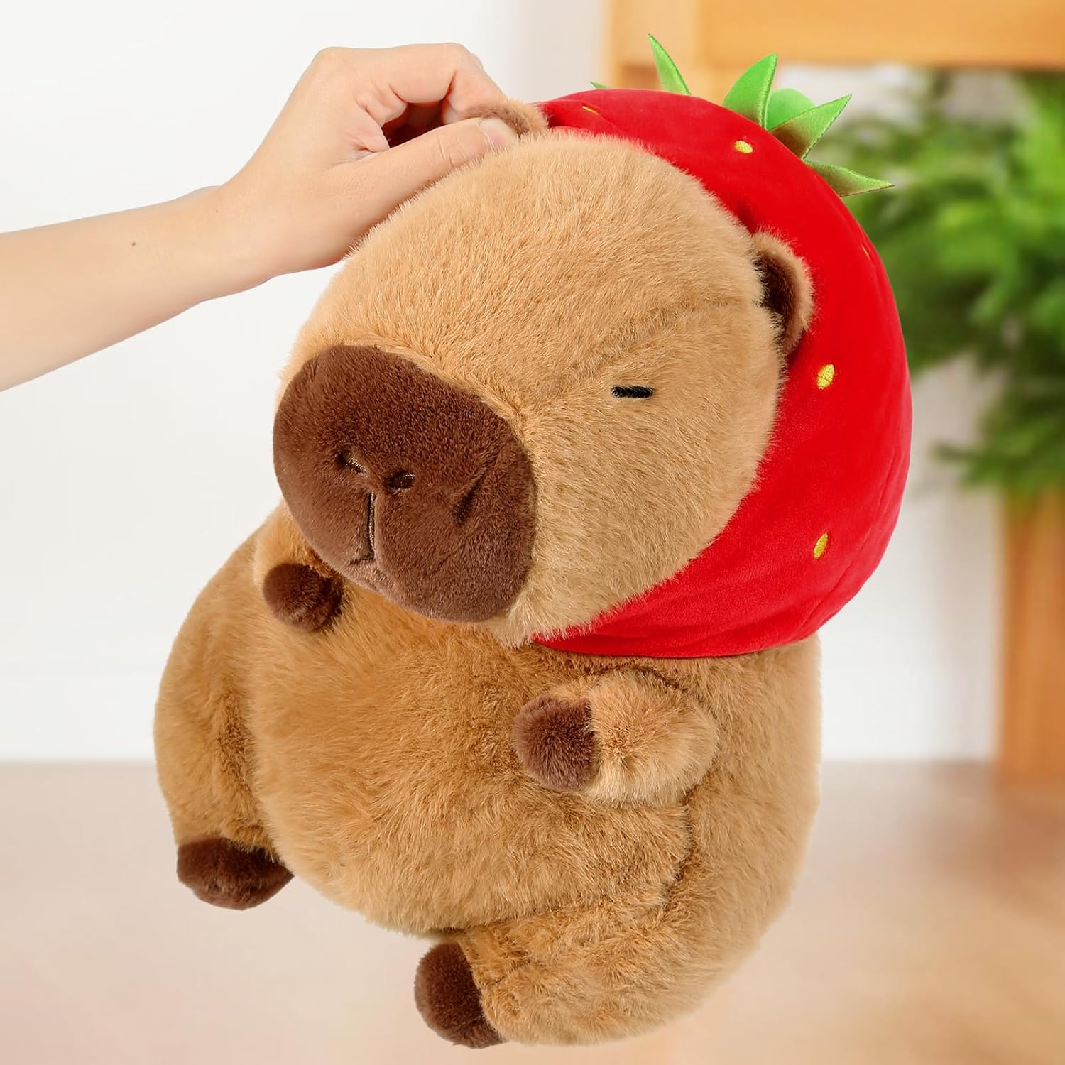 Ditucu Cute Capybara Plush Wear Strawberry Hat Soft Capibara Stuffed Animal Plushies Toys Hugging Gifts for Kids Brown 9 inch - Image 7
