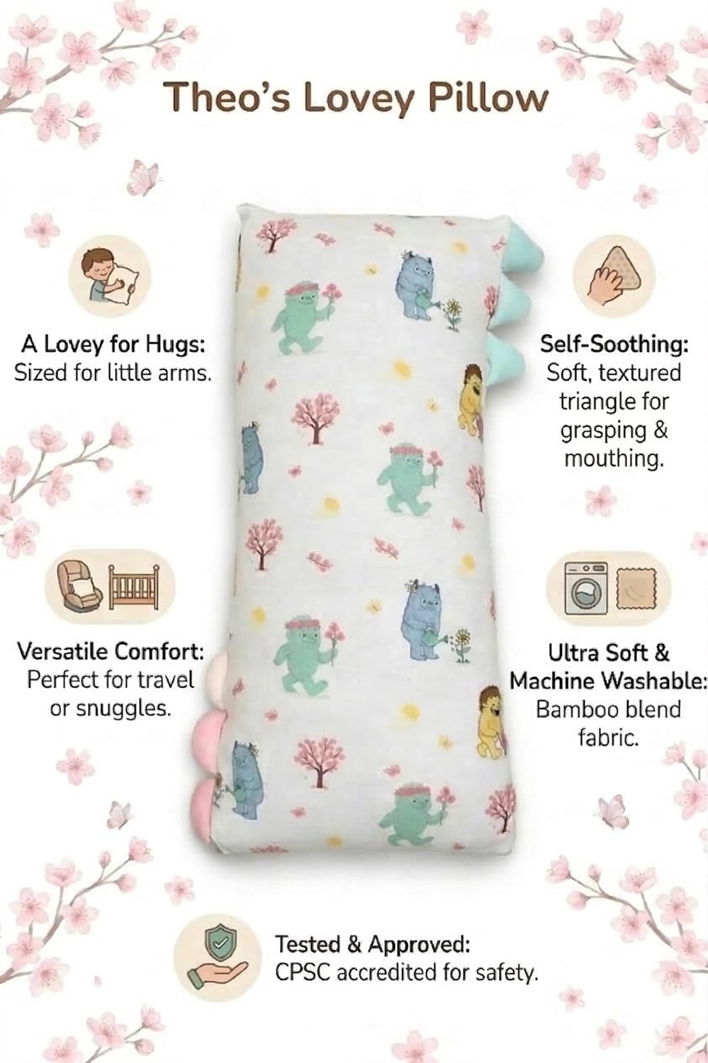 Theo's Lovey Pillows – Huggable Plush Lovey Pillow, Encourages Self-Soothing – Soft, Washable, Travel-Ready – Into the Blossoms (Spring Special) (Small) - Image 2