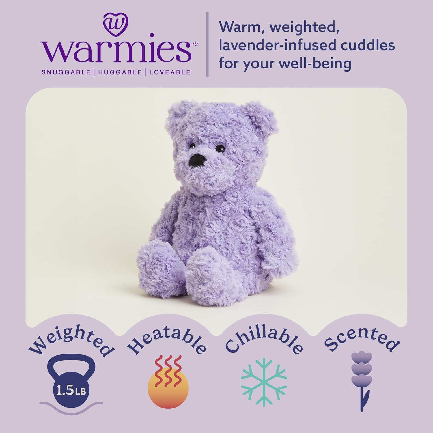 warmies Microwavable & Weighted Stuffed Animal, Purple Curly Bear - Heatable Stuffed Animal Heating Pad - Lavender Scented Plush - for Adults & Children (Boys, Girls, Babies & Toddlers) - Image 2