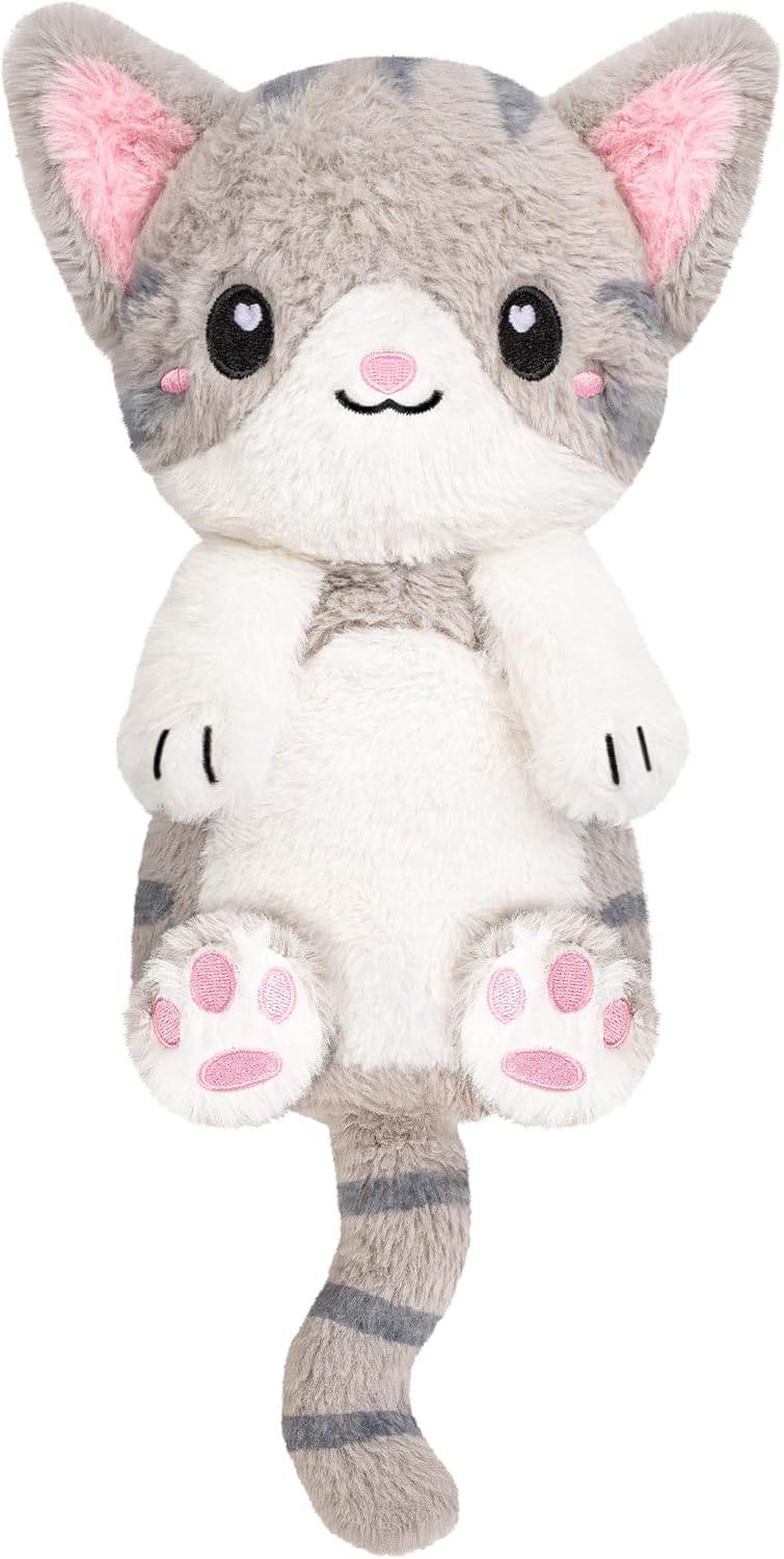 Happy Fuel Grey Cat Microwavable 1.5 lbs Unscented Heating Pad for Women & Kids- Cute Soft Cozy Pillow Plush Heatable Warm Stuffed Animals- Kawaii Hot & Cold Plushie - Gray Cat Gifts for Girls & Women