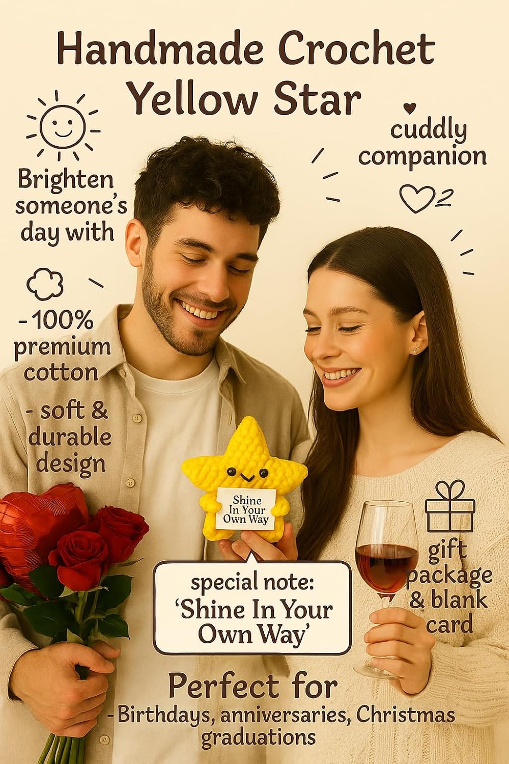 Handmade Crochet Positive Star Plushie, Adorable Yellow Emotional Support Companion with Gift Bag, Super Star Gift, Yellow Crochet Decor Perfect for Cuddles and Companionship,Cute Power-Up Style - Image 9