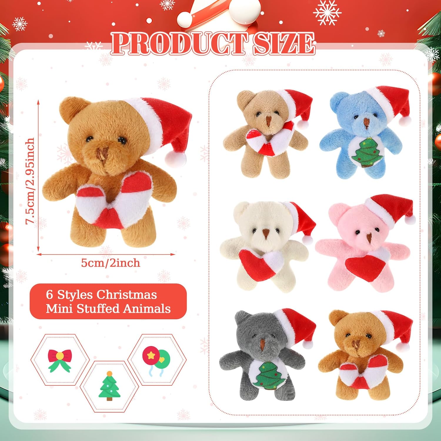 Blueweenly 12 Pcs Christmas Plusies Mini Bear Stuffed with Santa Hat 2.8 Inches Christmas Animal Ornaments Toys Bulk for Kids Xmas Birthday Classroom Gifts Xmas Party Favors Stocking Fillers, 6 Styles - Image 7