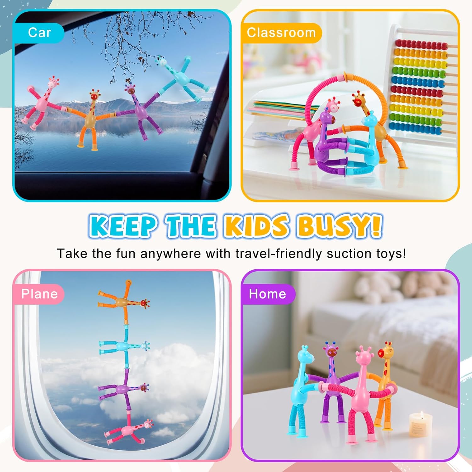 XONTEUS 4 Pcs Pop Tubes Giraffe Travel Airplane Road Trip Car Activities Essential ,Telescopic Suction Cup Sensory Fidget Toys,Screen-Free Activity for Boy & Girl , Stocking Stuffers for Kids - Image 6