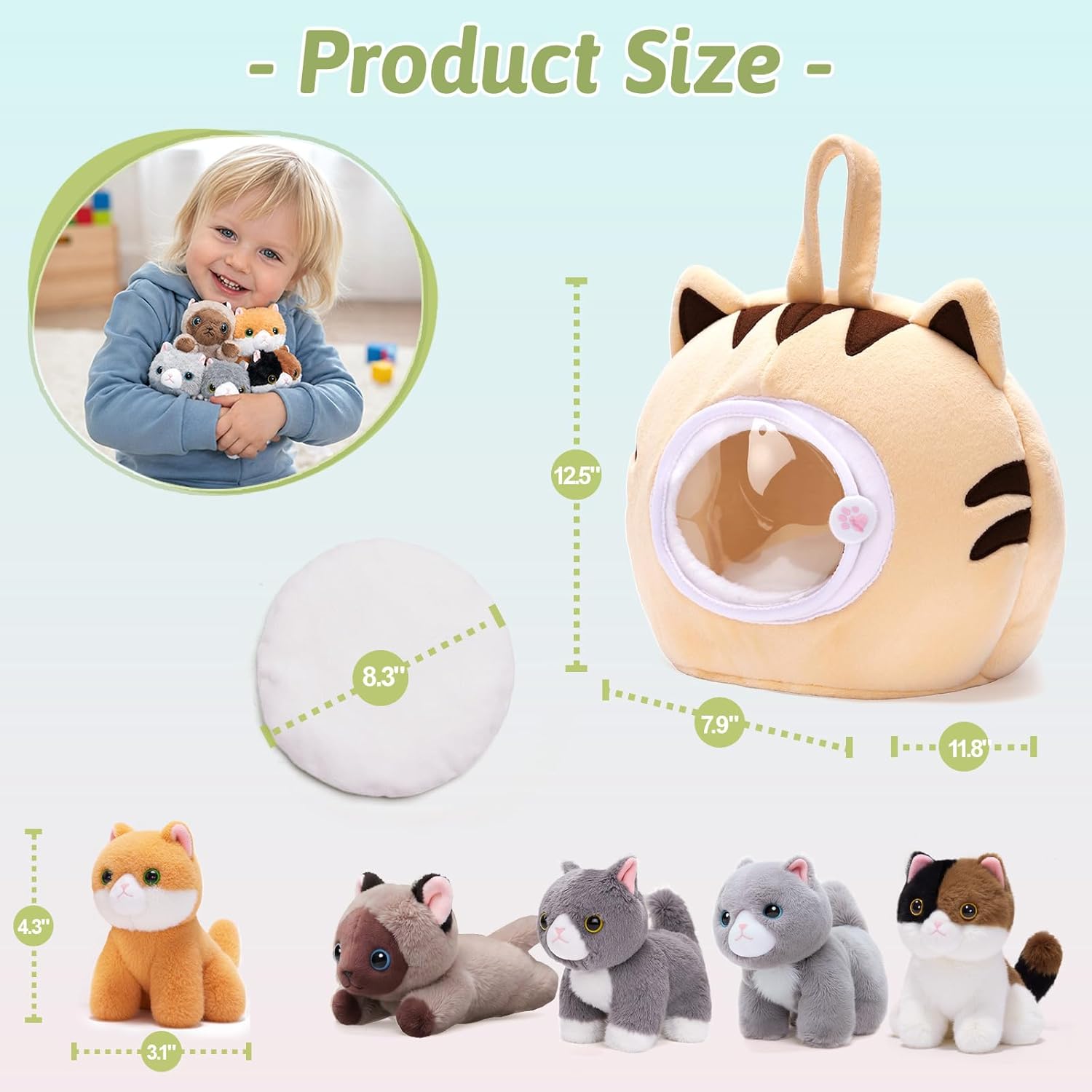 OUOZZZ Cat Stuffed Animal House – Plush Kitten Toy Set with 5 Soft Cats – Interactive & Travel-Friendly Kitties Carrier Playset for Toddlers & Kids – Huggable, Portable Birthday Gift for Baby Girls - Image 2