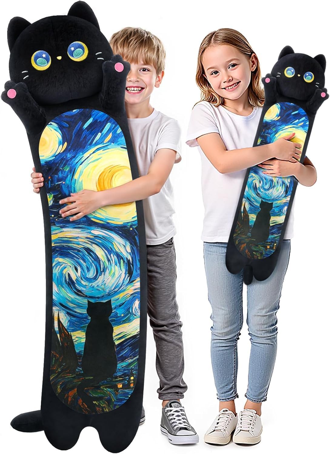 Mewaii Long Cat Plush 5 Sizes, 120% Extra Filling Giant Plushness Kids Body Pillow, Kawaii Cute Black Starry Cat Stuffed Animals Plushies, Big Long Black Cat Body Pillow Plush Gift for Girls 20”