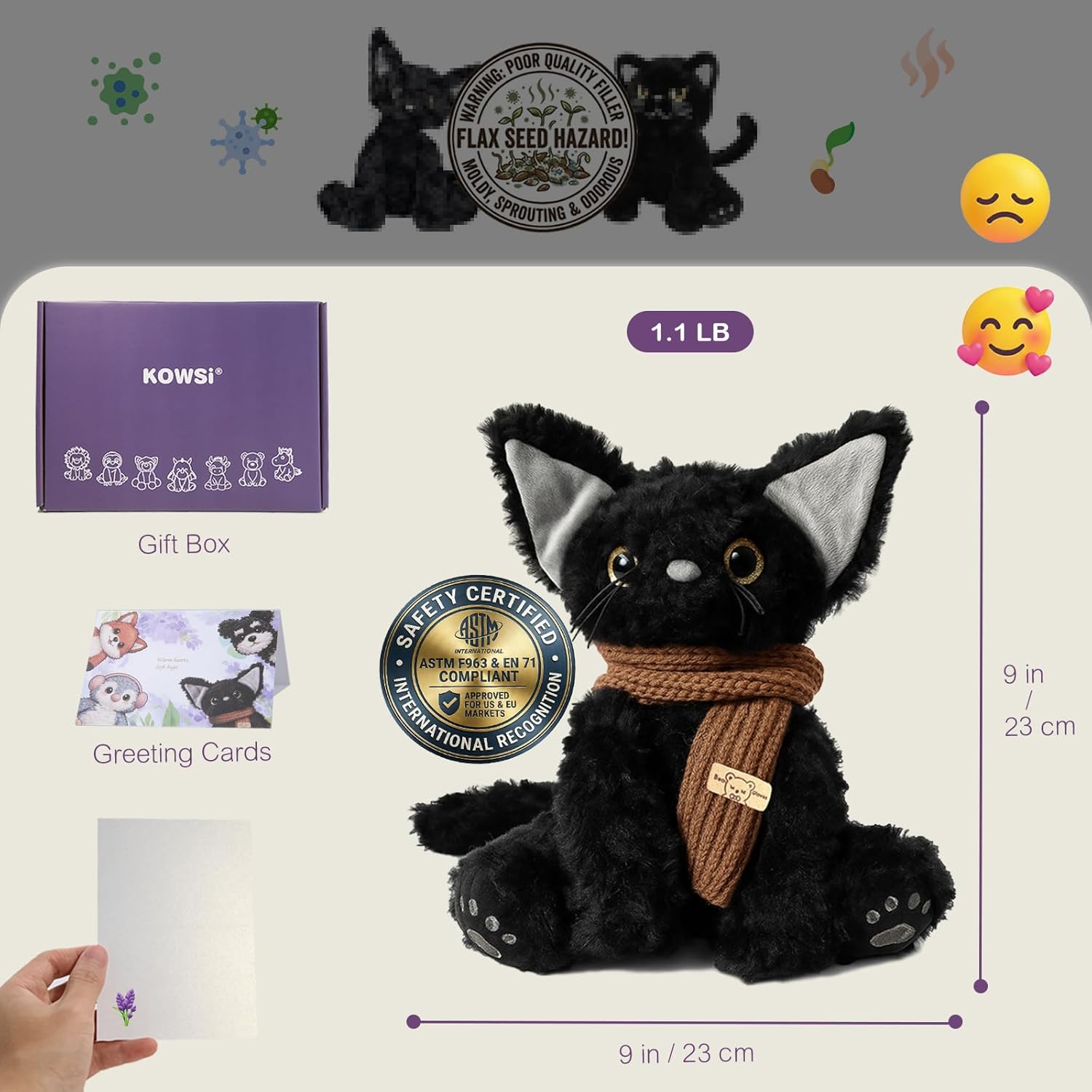 KOWSI® Microwavable Heating Pad Black Cat Plush - Weighted Stuffed Animal Toy with Tourmaline Beads & Lavender - 1 lb for Long Lasting Cozy Warmth & Relaxation - Includes Gift Box & Greeting Card - Image 6