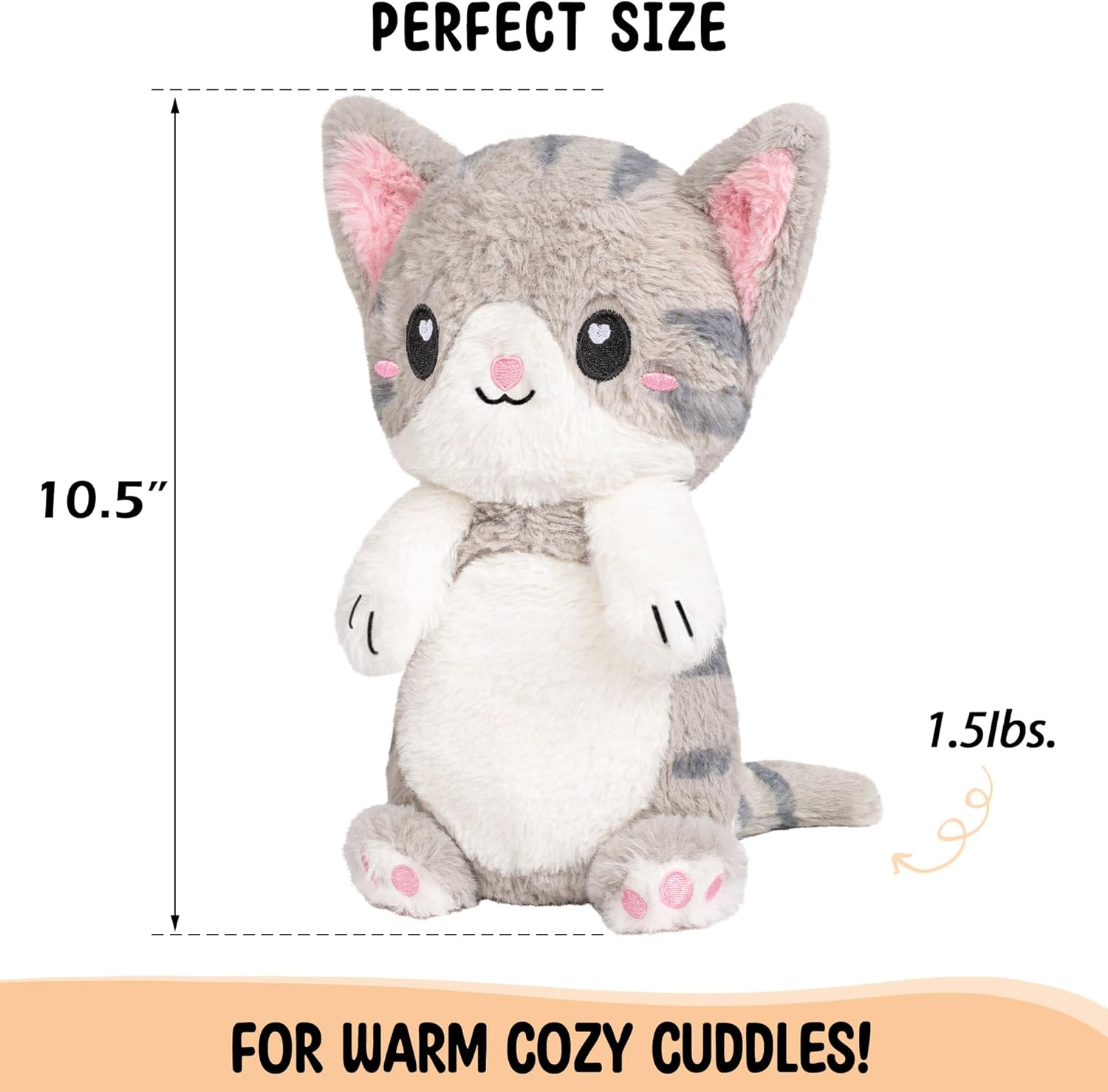 Happy Fuel Grey Cat Microwavable 1.5 lbs Unscented Heating Pad for Women & Kids- Cute Soft Cozy Pillow Plush Heatable Warm Stuffed Animals- Kawaii Hot & Cold Plushie - Gray Cat Gifts for Girls & Women - Image 7