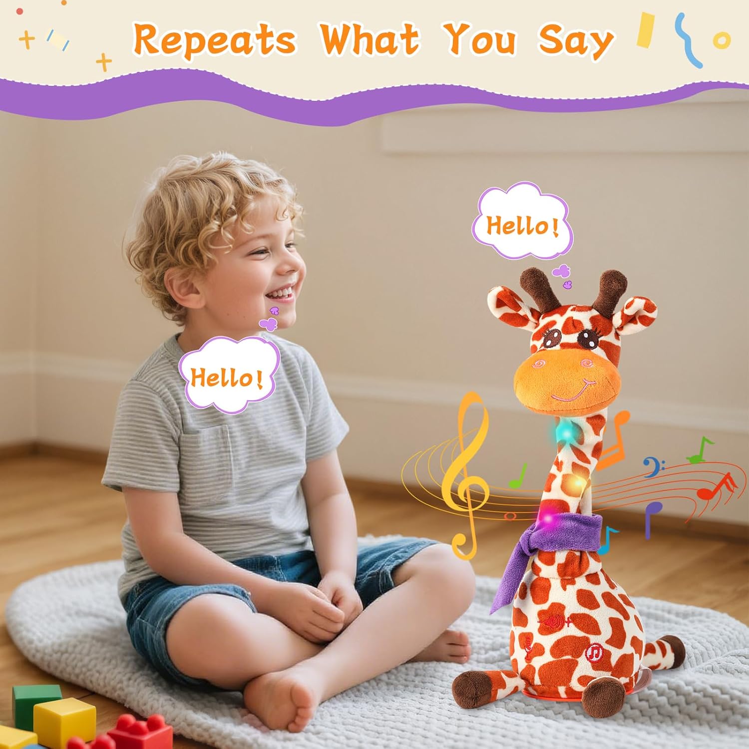 Dancing Talking Giraffe Plush Toy, Interactive Repeating Plush Toy that Mimics Your Words. Glowing Electric Giraffe Gifts with 10 Built-in Kids’ melodies, Ideal for Toddlers Aged 1-3. - Image 5