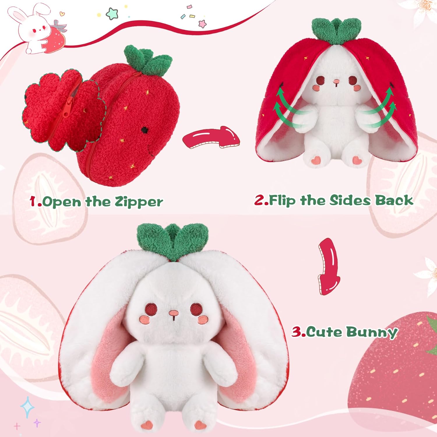 MIAODAM Easter Strawberry Bunny Plush Toy- Cute Soft Huggable Stuffed Animal for Kids & Collectors, Birthday Present & Nursery Decor 10inch - Image 2