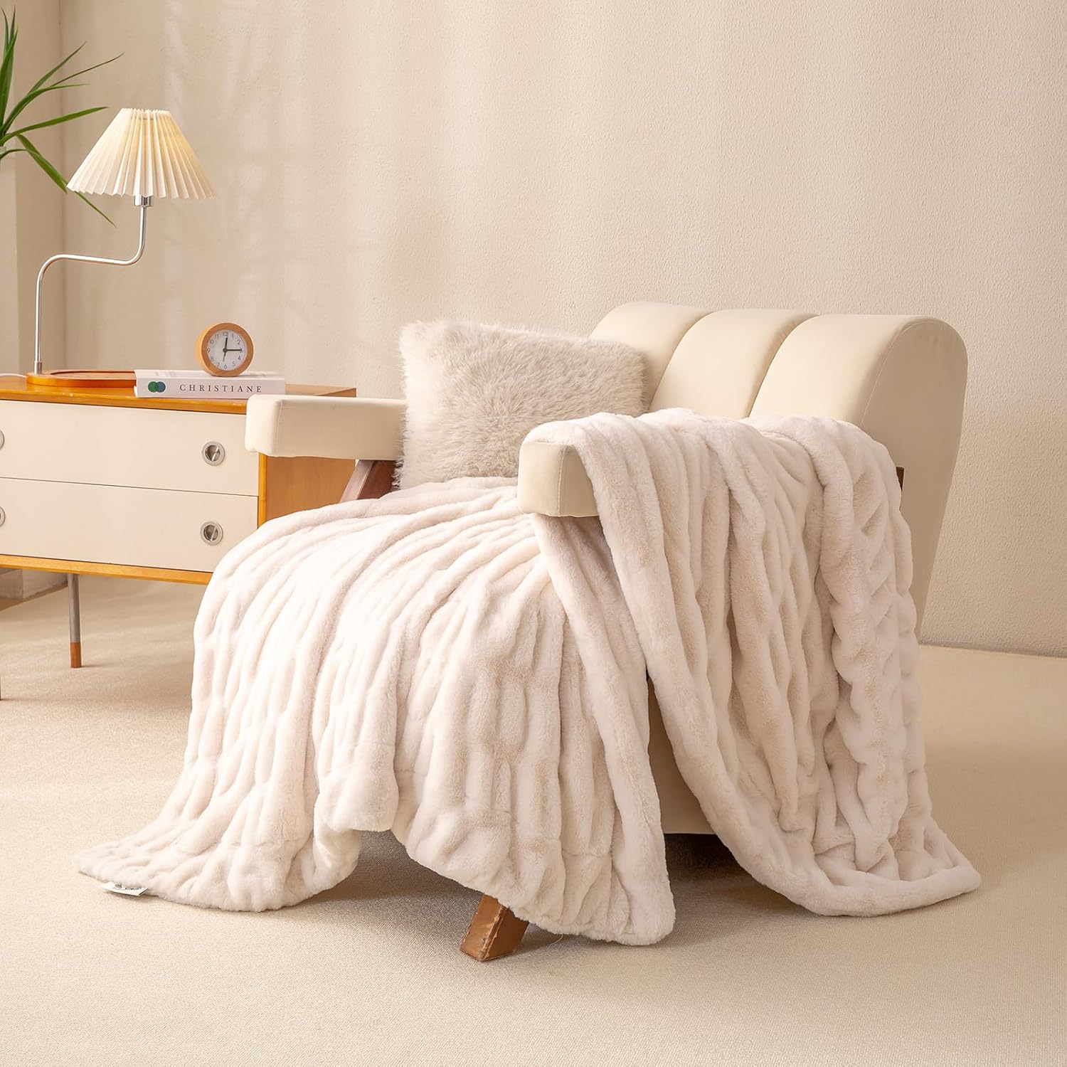 YUSOKI Luxury Double Side Faux Rabbit Fur Throw Blanket for Couch, Ultra Soft Fluffy Throw Gifts, Plush Thick Warm Luxury Decor Gifts for Home (Bright Cream, Medium (50 X 60 Inches)) - Image 3
