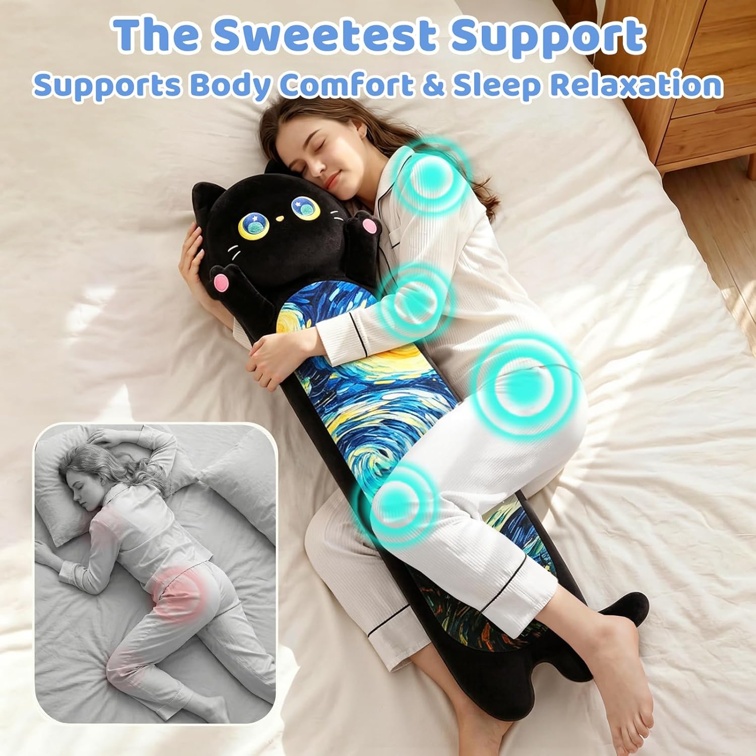 Mewaii Long Cat Plush 5 Sizes, 120% Extra Filling Giant Plushness Kids Body Pillow, Kawaii Cute Black Starry Cat Stuffed Animals Plushies, Big Long Black Cat Body Pillow Plush Gift for Girls 20” - Image 5