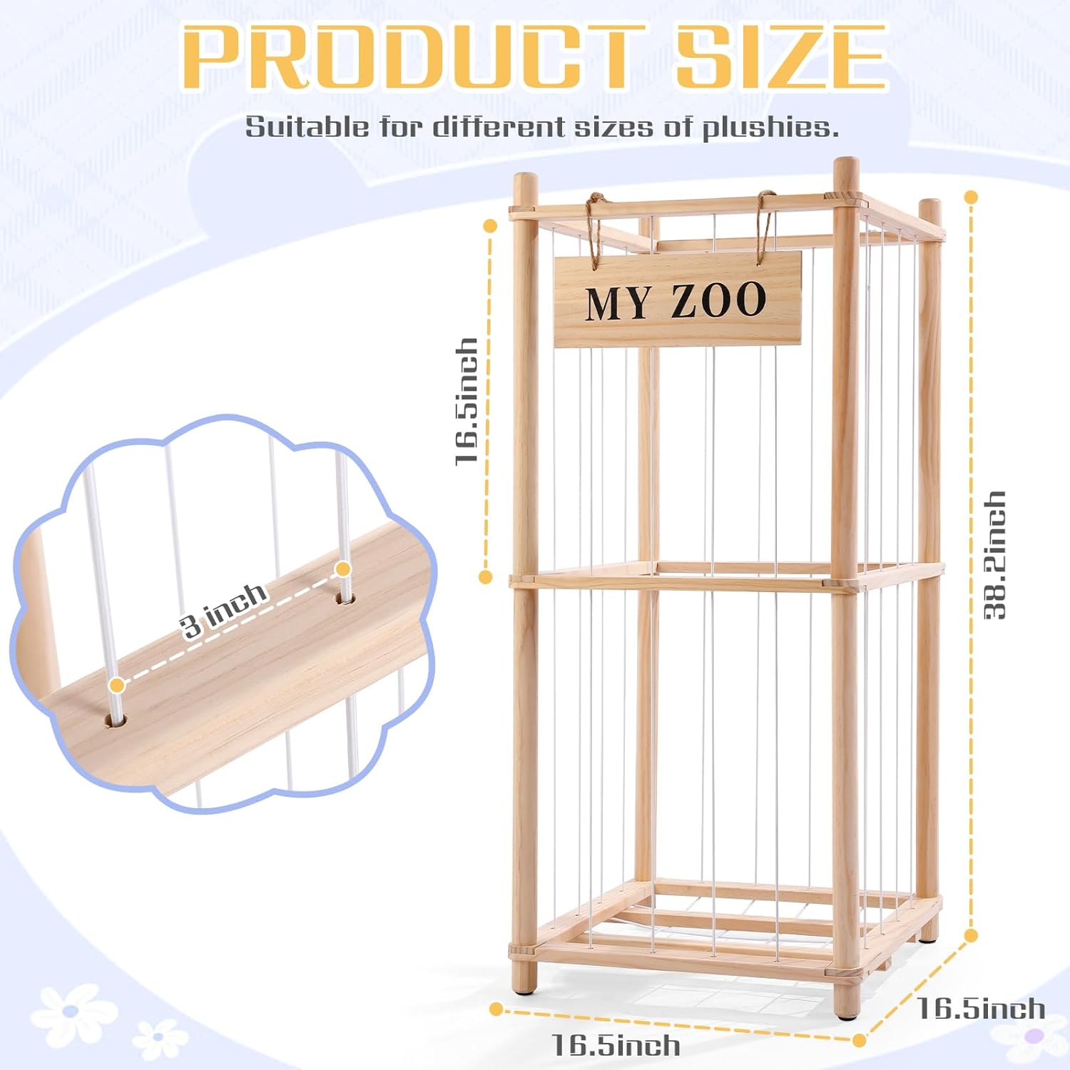 GLDZI Stuffed Animal Storage Zoo, Wooden Stuffed Animal Organizer with Elastic Cords for Boys Girls, Space Saving Toy Plushies Storage Holder for Playroom, Bedroom, Living Room (Burlywood, Small) - Image 2