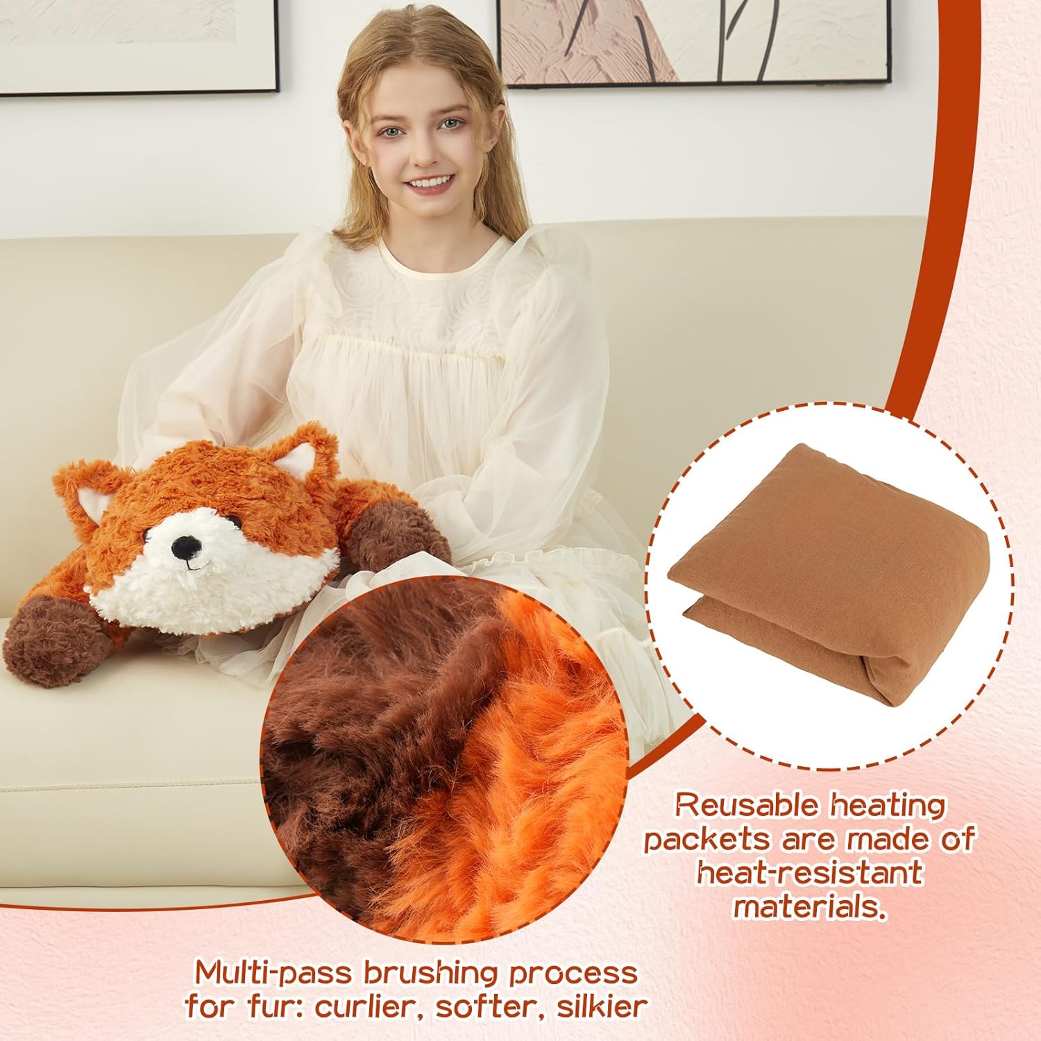 GILFWM 25" 5 Lbs Weighted Stuffed Animals Fox, Heatable and Coolable Weighted Plush with Microwavable Heating Pad,Removable Soft Washable Cute Plushie Pillow Toy Gifts for Adults and Kids - Image 6