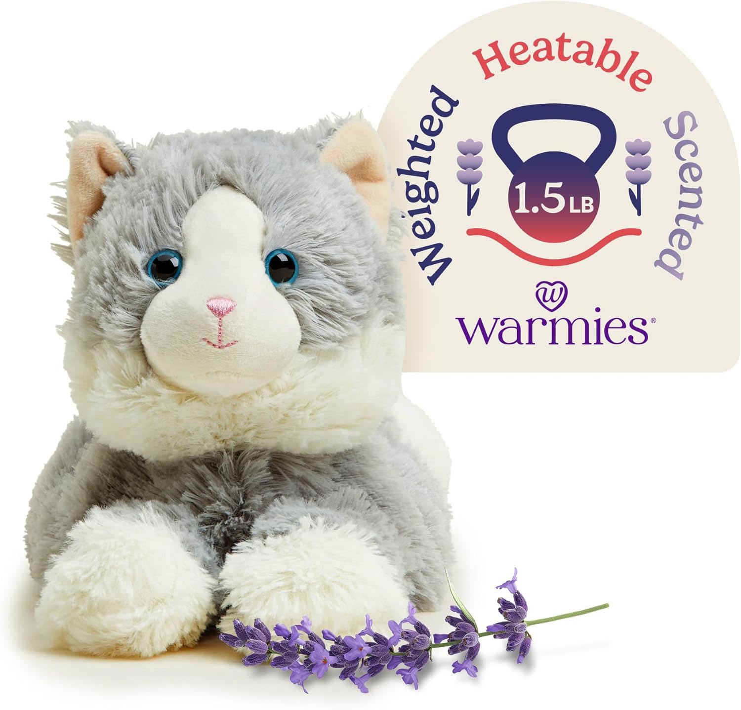 warmies Microwavable & Weighted Stuffed Animals, Laying Down Gray Cat - Heated Stuffed Animal Plushie for Warmth & Comfort - Cute Soft Plush Toys for Boys, Girls, Babies & Toddlers