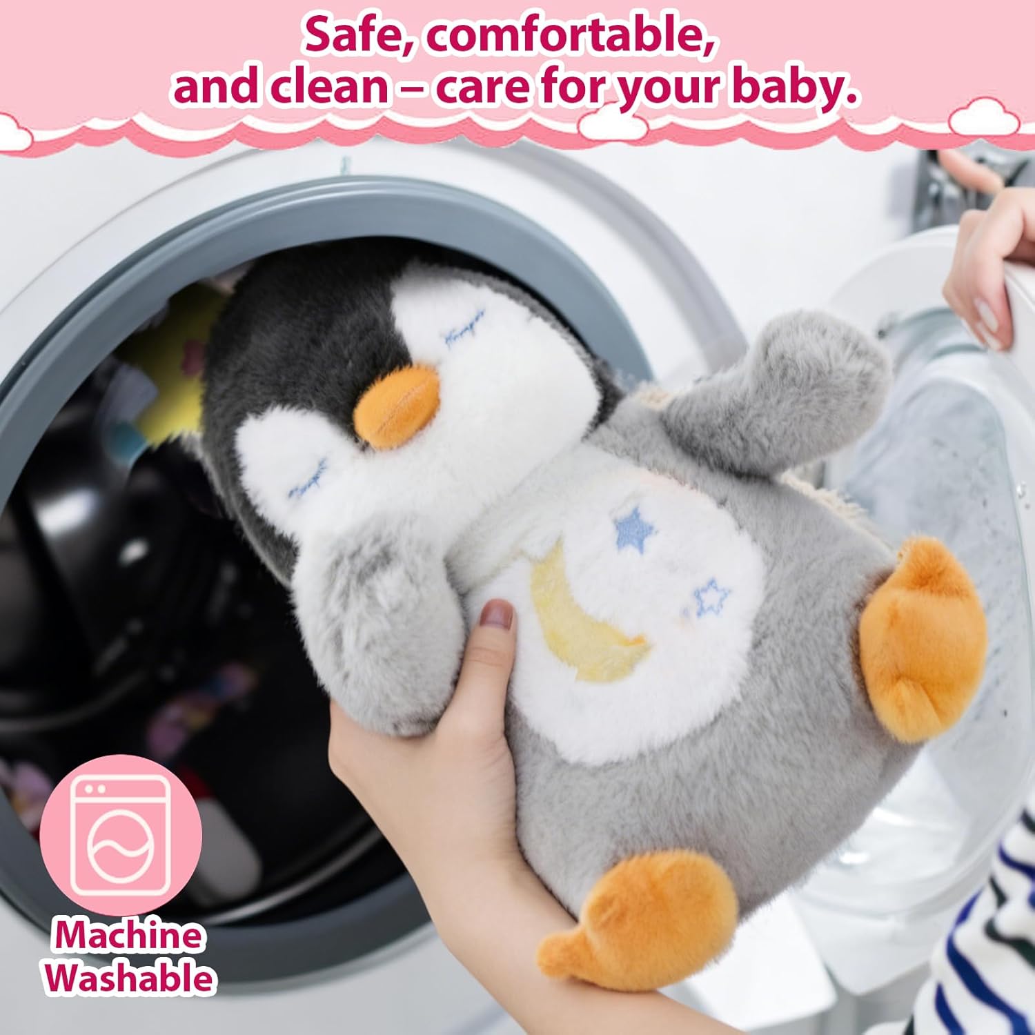 Breathing Stuffed Animal, Soothe Snuggle Penguin Plush for Anxiety Adults and Kids, Volume Control, Machine Washable, Sleep Buddy Soothing Penguin with Realistic Breathing and Lights Music, 4 Modes - Image 5