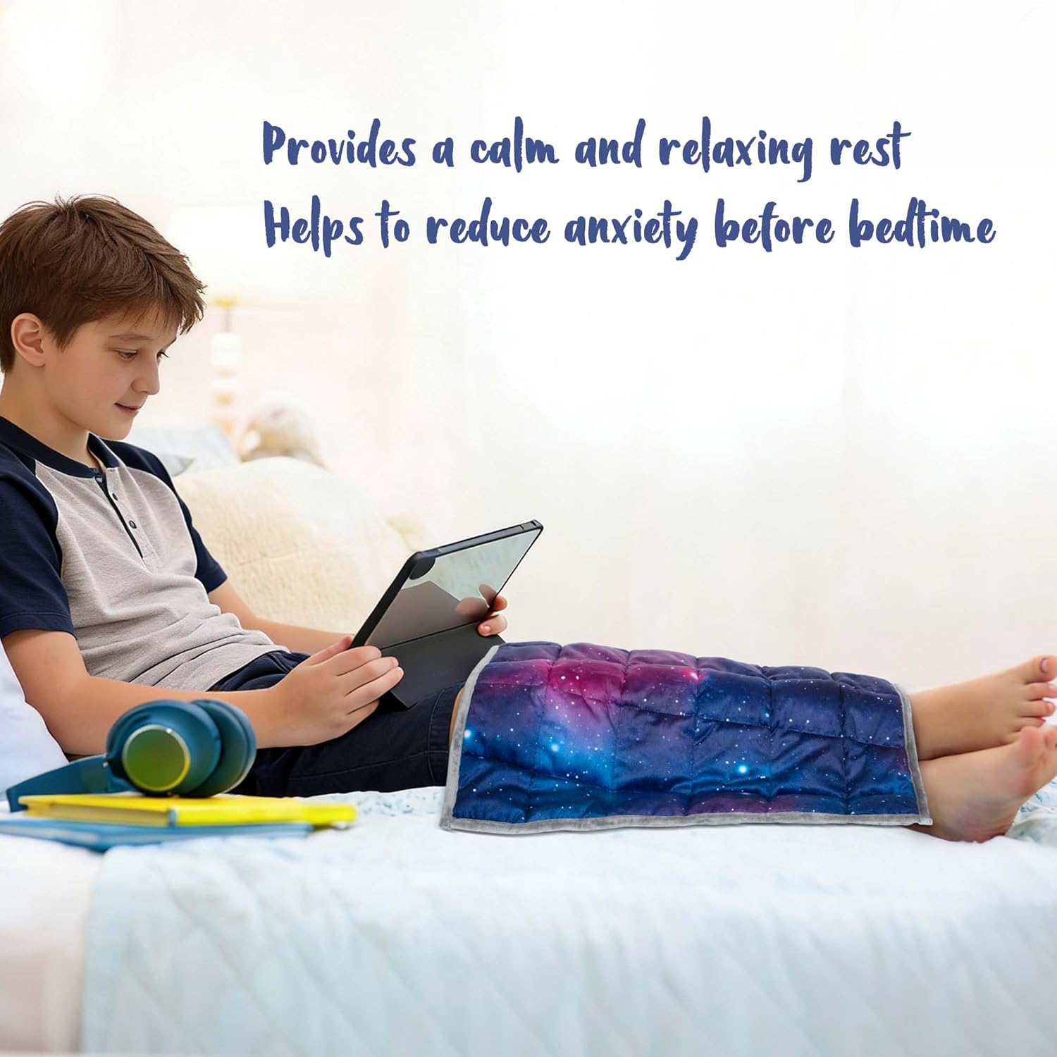 Solfres 5lbs Small Weighted Lap Pad Blanket Throw for Kids Boys Teens 20in x 23in - Sleep Therapy Plush Travel Size with Glass Beads, Blue Pink Galaxy Space Stars