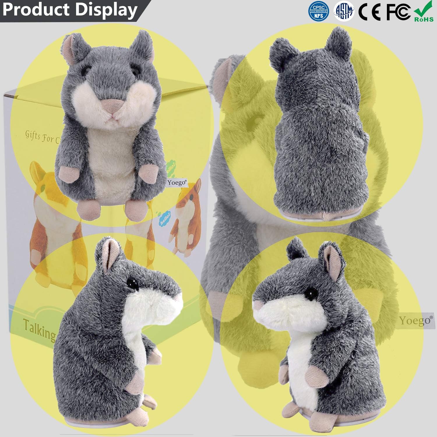 Talking Hamster Repeats What You Say Interactive Stuffed Plush Animal Talking Toy,Perfect Toy Gifts for Boys Girls Age 3+ (Gray) - Image 2