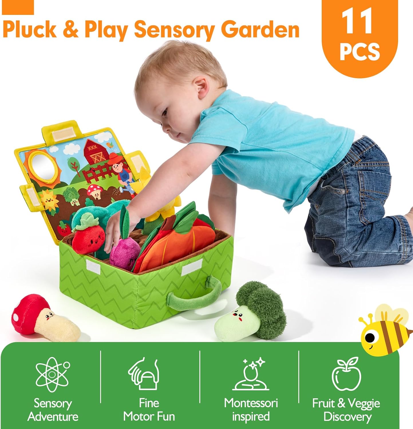 hahaland Baby Toys 6-12 Months - Fruits Vegetables Garden Plant Plush - 6 Month Old Toys Montessori Sensory Toy Carrot Flower with Rattles Mirror Squeaker Textures Crinkle Tissues, Baby Gifts 9 Month - Image 2
