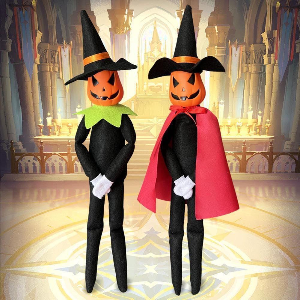 14Inch Halloween Xmas Pumpkin Elf Plush Stuffed Doll,Handmade Pumpkin Elf Toy with Black Hat,White Gloves,Dresses,and Cape for Halloween and Autumn Harvest Holiday Tabletop Home Decorations (Red) - Image 7